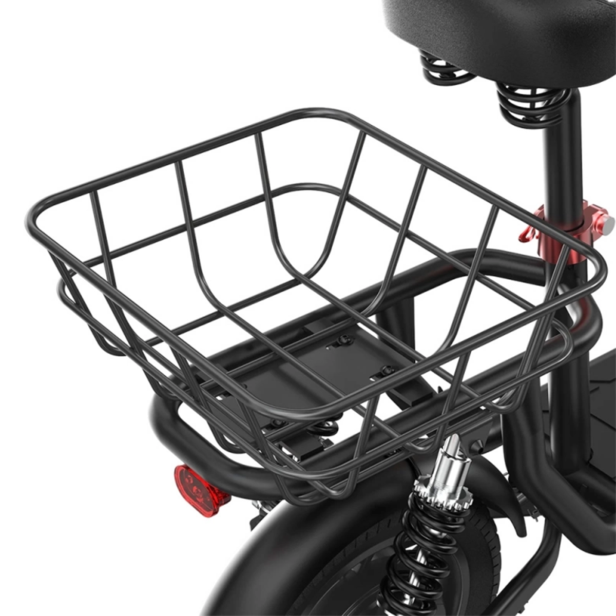 Czarny kosz rowerowy nad tylnym kołem. Widoczna czarna rama i czerwone światło.