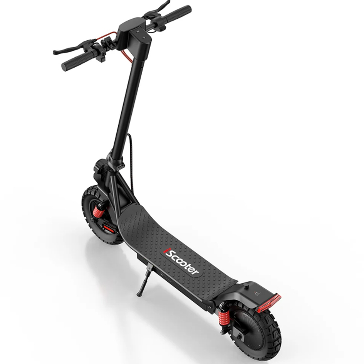 Czarna hulajnoga elektryczna na białym tle, widok z góry.