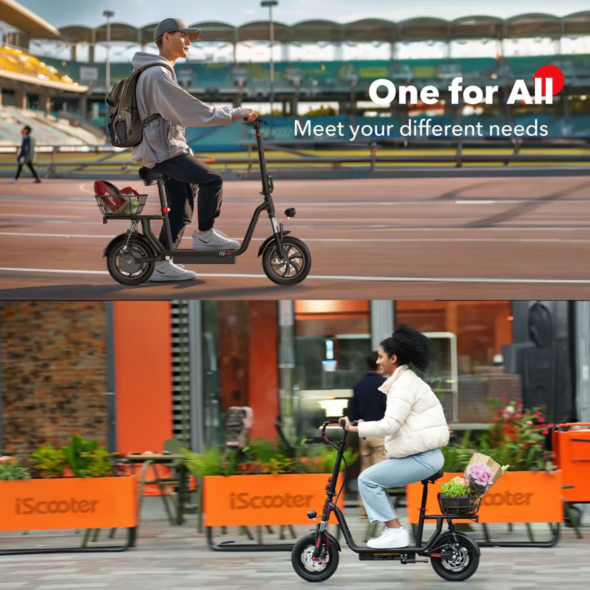 Dwie osoby jeżdżące na skuterach elektrycznych. Jedna w parku, druga na ulicy, z tekstem: Jeden dla wszystkich.