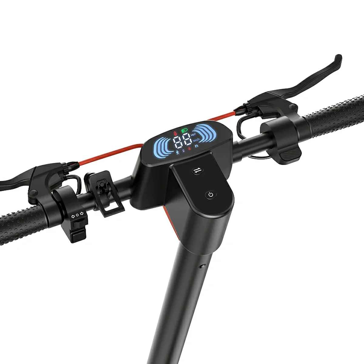 Kierownica hulajnogi elektrycznej z wyświetlaczem i elementami sterującymi; dźwignie po obu stronach.