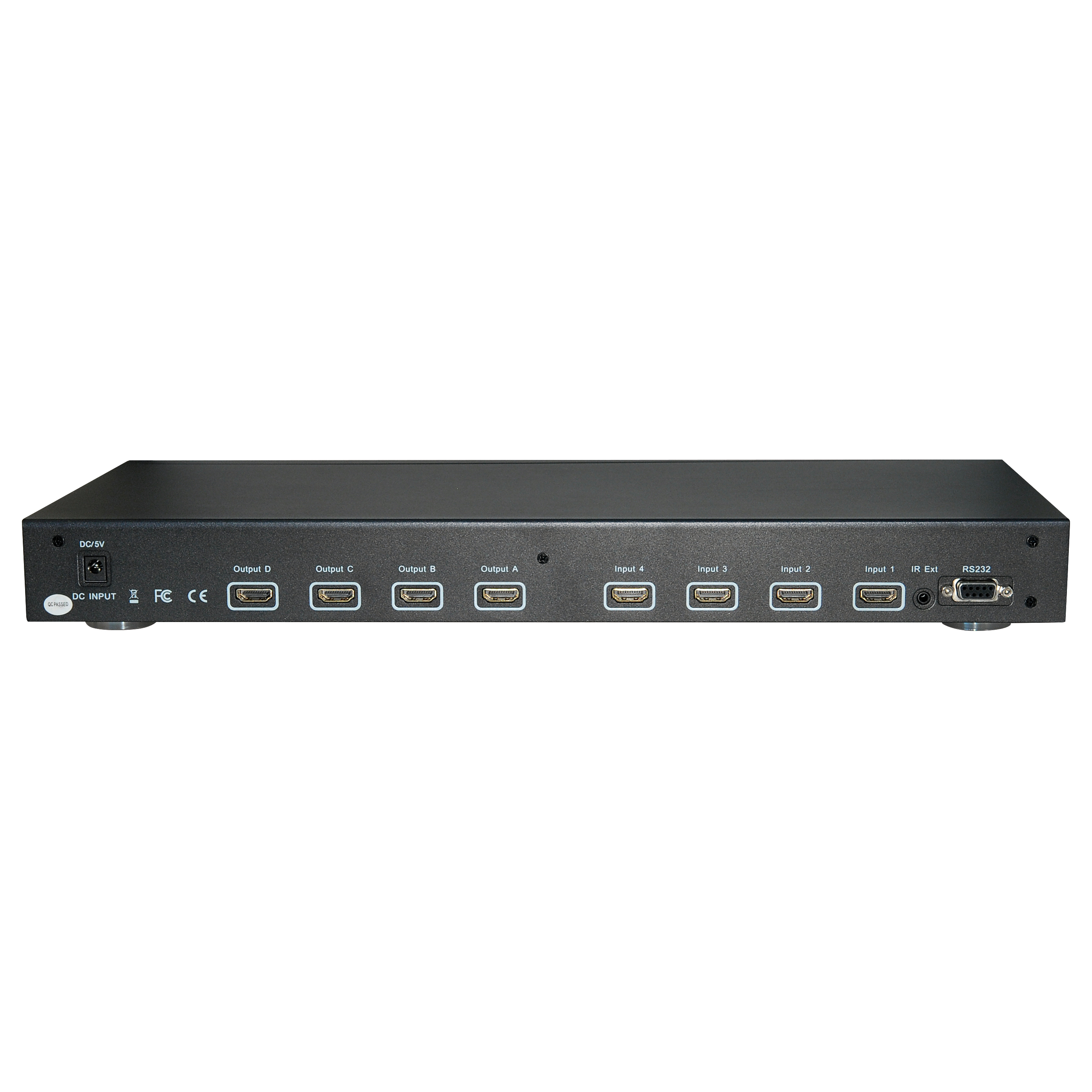Schwarzer HDMI-Umschalter mit mehreren Ein- und Ausgangsanschlüssen.