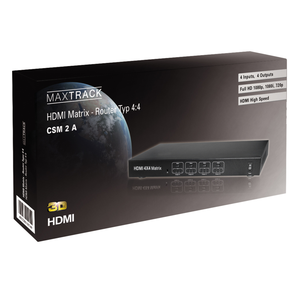 Schwarze HDMI-Matrix-Router-Box mit Text und Erdbild, zeigt Anschlüsse vorne.