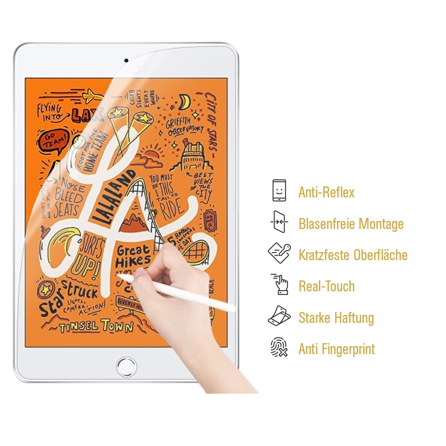 Ein Tablet mit orangefarbenem Hintergrund und einer Zeichnung darauf. Text und Symbole rechts.
