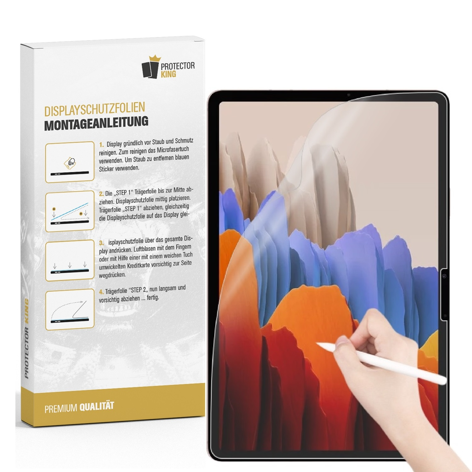Ein Tablet und eine Displayschutzfolien-Anwendungsanleitung. Eine Person bringt den Schutz auf dem Tablet an.