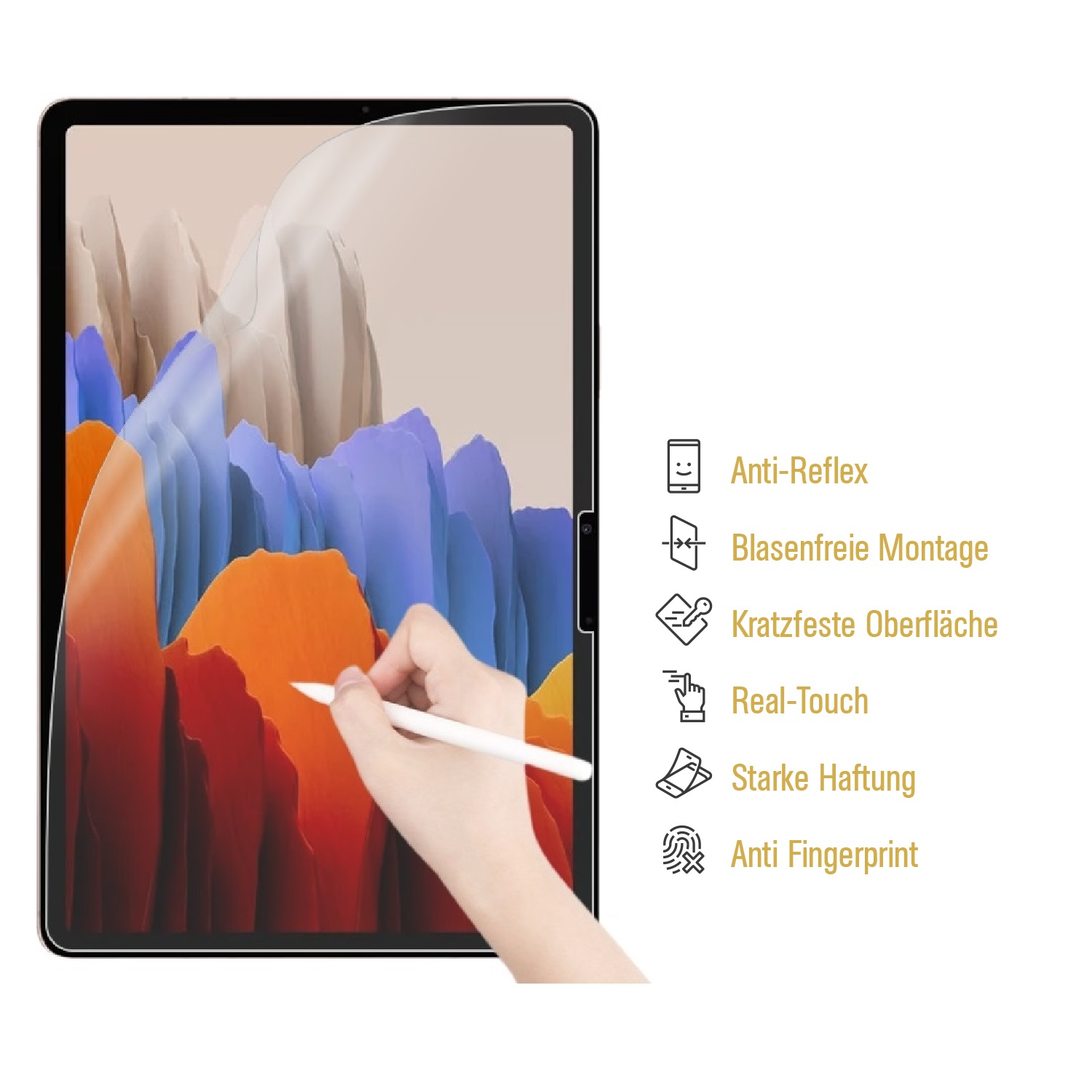 Tablet-Displayschutzfolie mit Stift, mit Funktionen: Anti-Reflex, einfache Installation, kratzfest und starke Haftung.