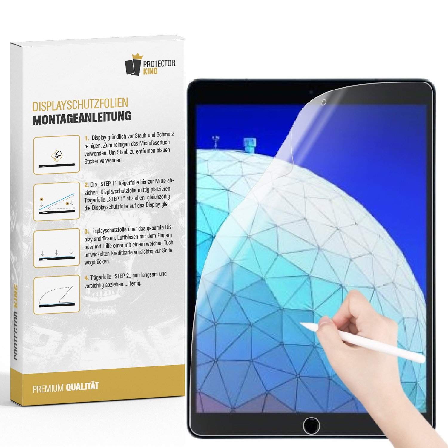 Protector King mit Tablet und Hand, die eine Displayschutzfolie anbringt. Anweisungen werden gezeigt.