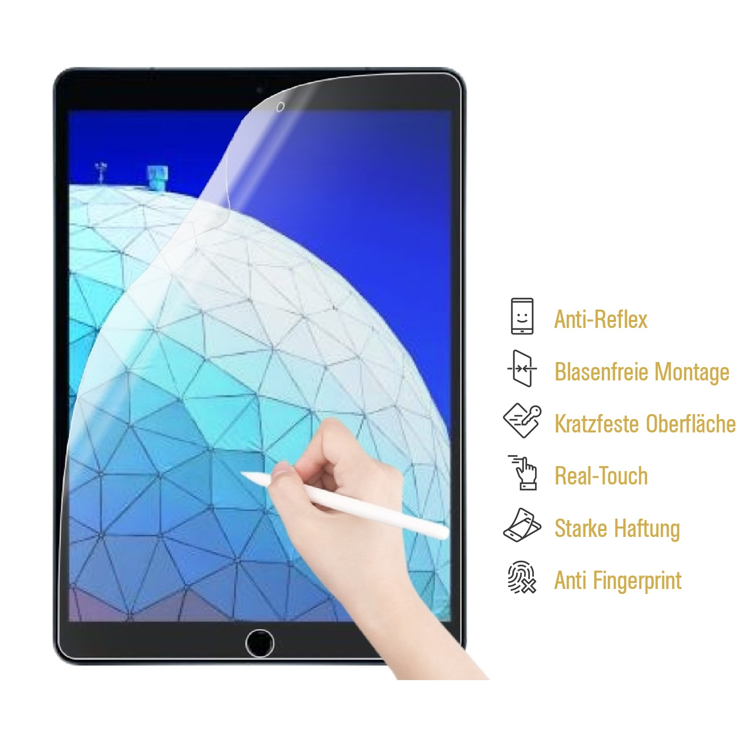 Tablet mit Displayschutz und einer Hand, die zeichnet. Weißer Hintergrund.