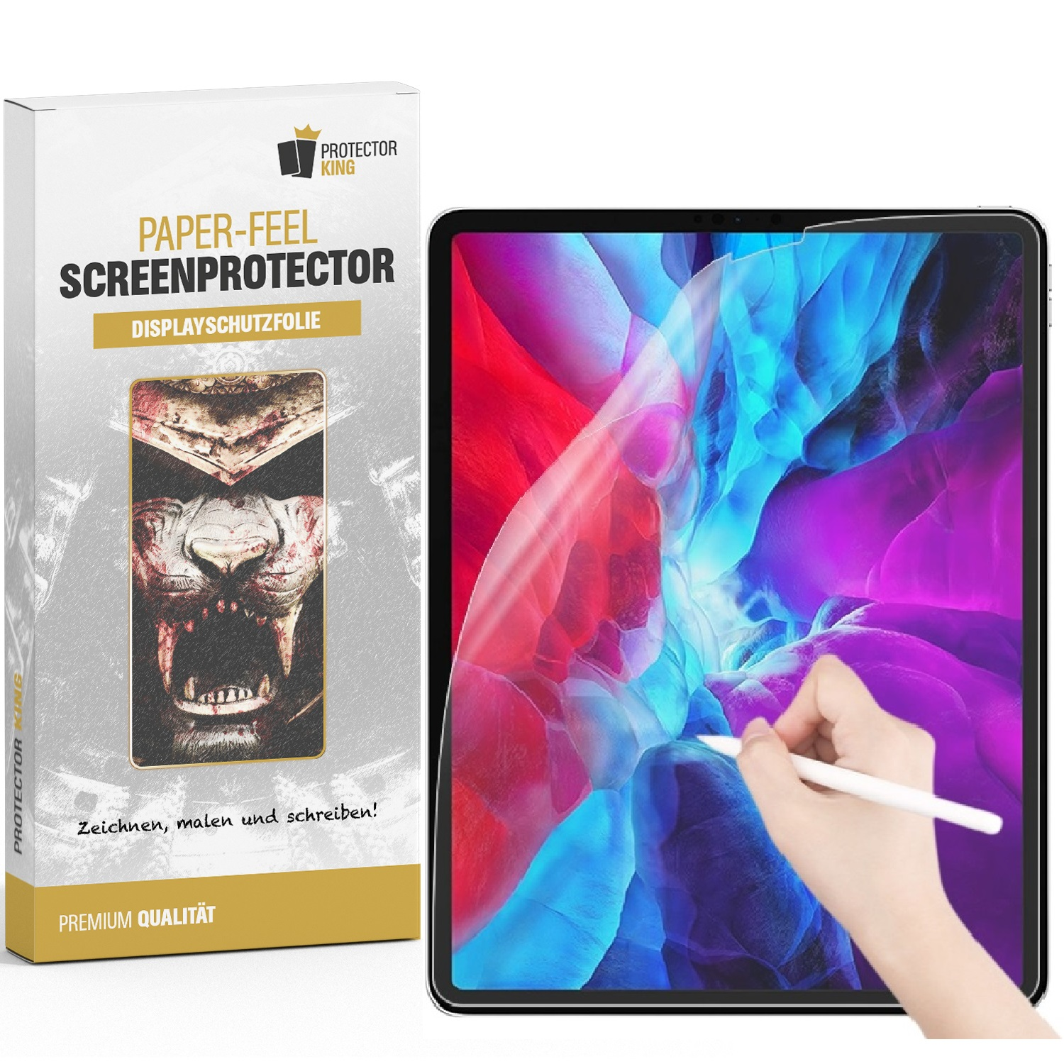 iPad-Displayschutzfolienbox und iPad mit Stift. Box zeigt Bild, iPad zeigt Bild.