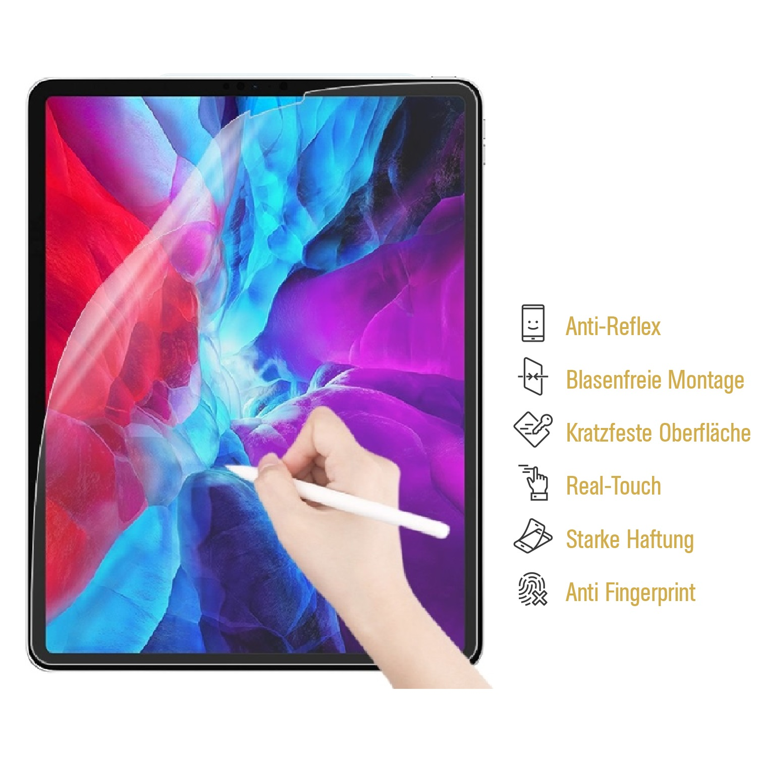 Person benutzt Stift auf Tablet. Tablet zeigt Displayschutzfunktionen. Text zeigt Anti-Reflexions- und Touch-Funktionen.