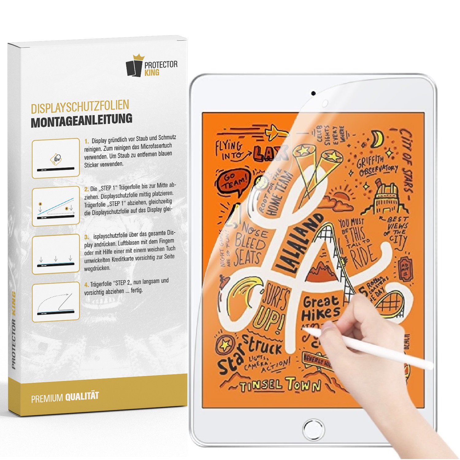 Tabletschutzfolie mit Hand, die Stift hält, orangefarbener Hintergrund.