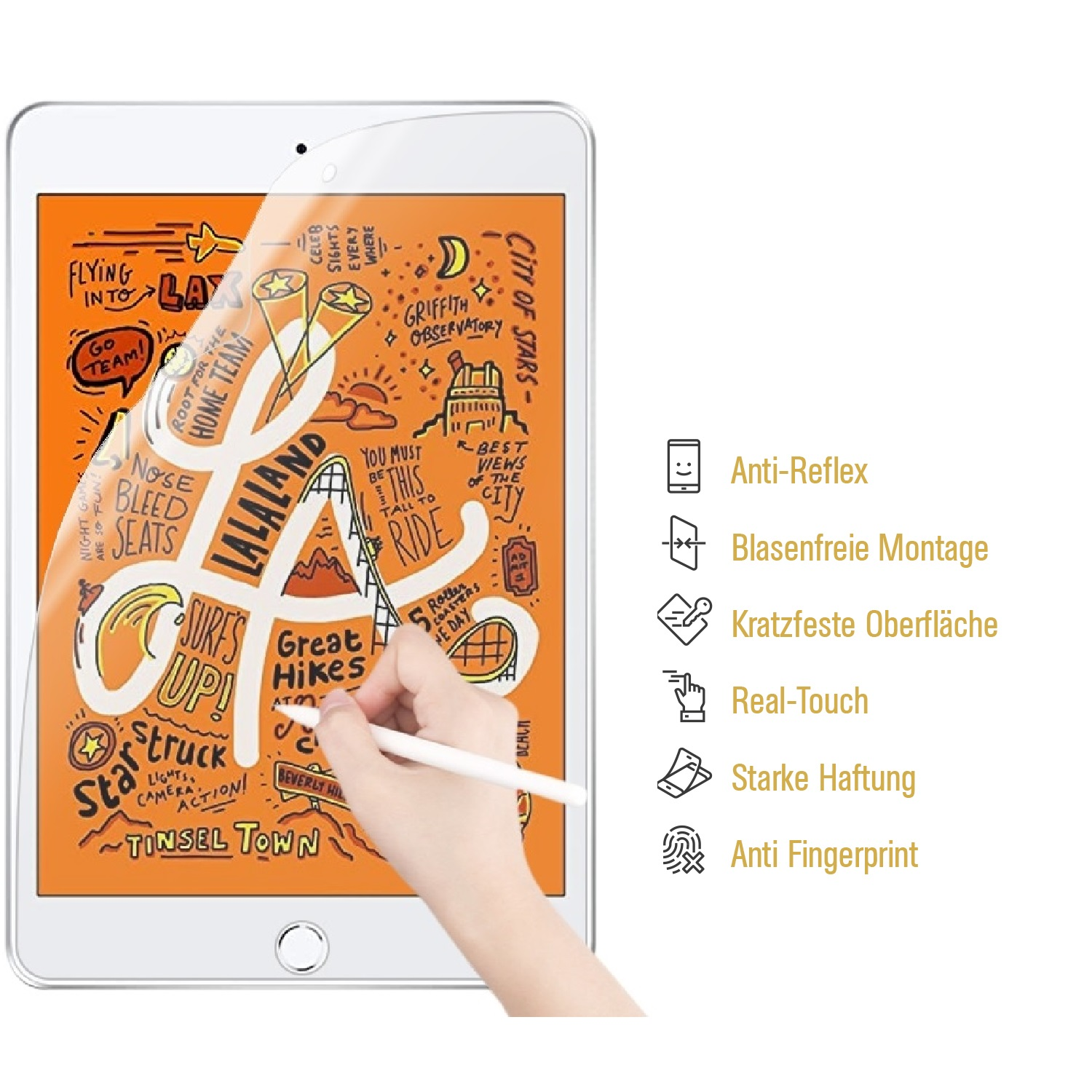 Tablet mit Stift, Displayschutz. Text und Kritzeleien sind auf dem Bildschirm sichtbar.