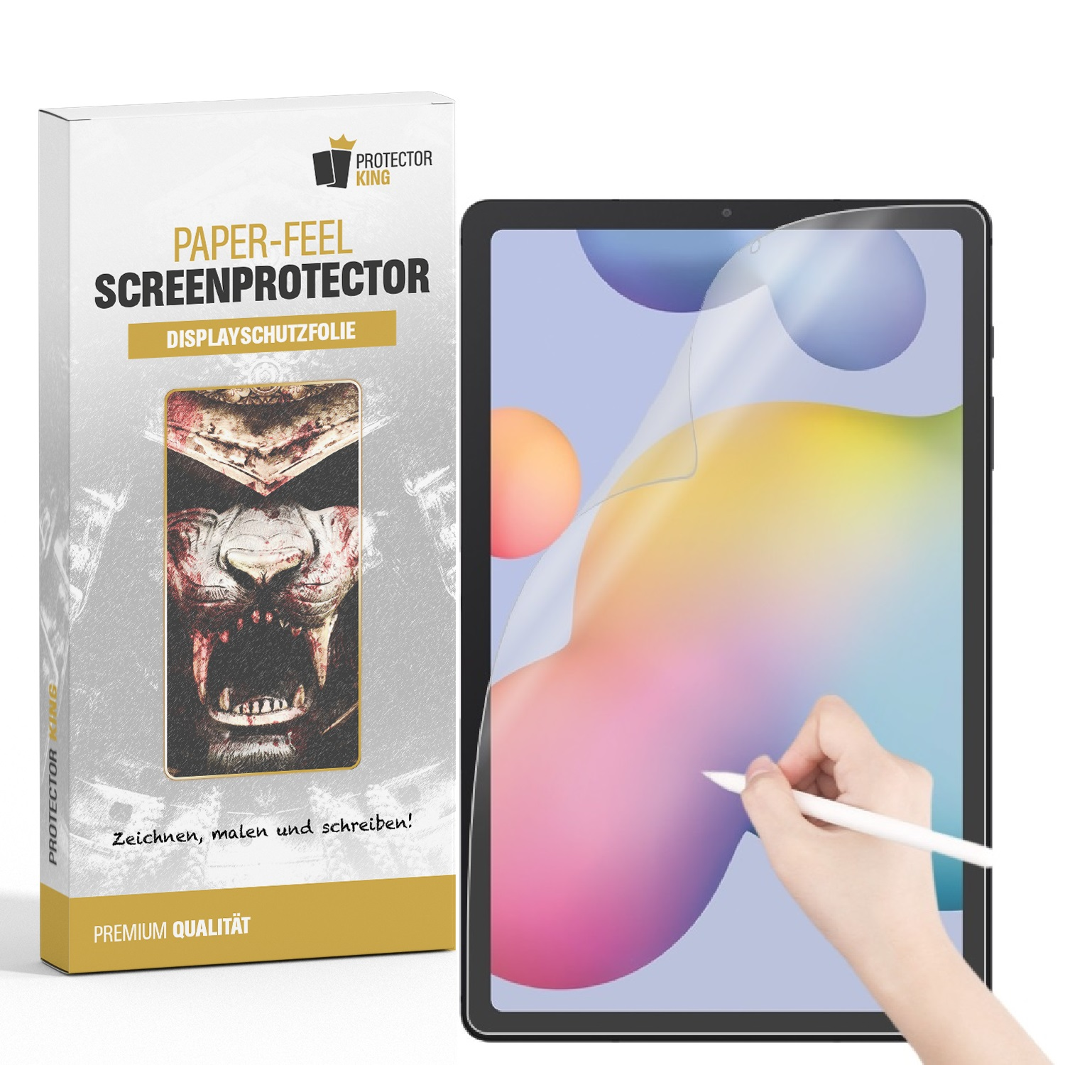 Ein iPad mit angebrachter Displayschutzfolie und eine Box.