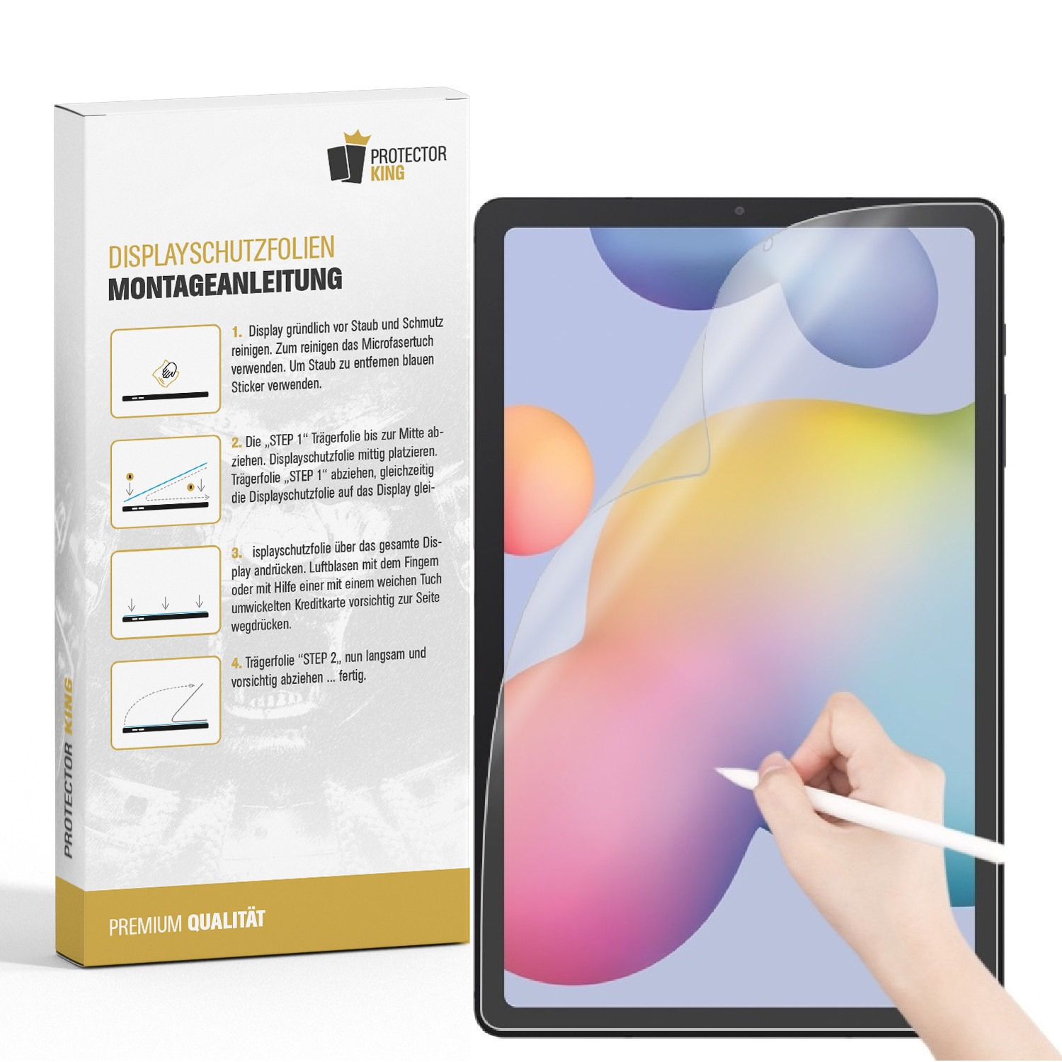 Tablet mit montiertem Displayschutz. Anweisungen auf der Schachtel.