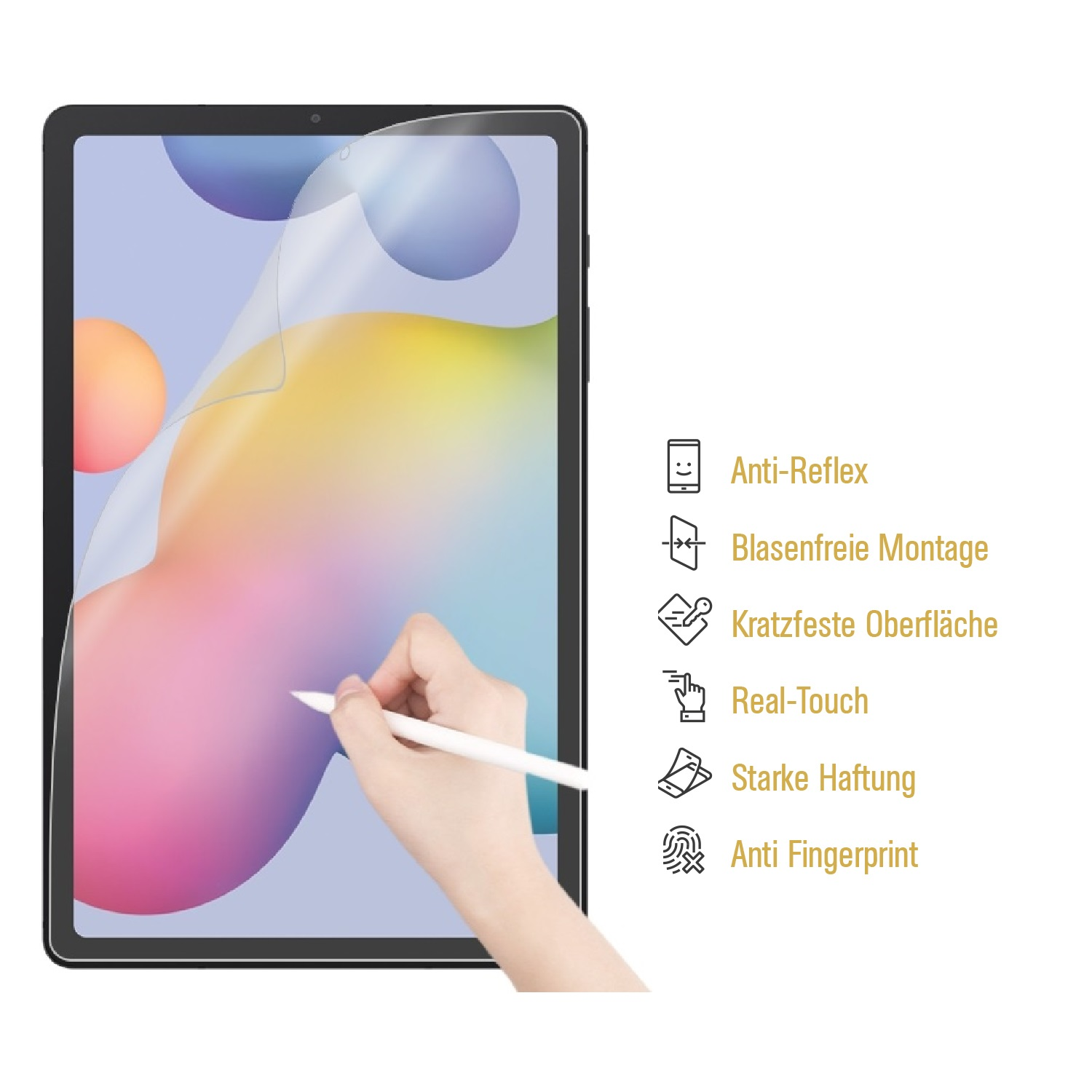 Eine Person benutzt einen Stift auf einer Tablet-Displayschutzfolie. Die Schutzfolie ist auf einem Tablet.