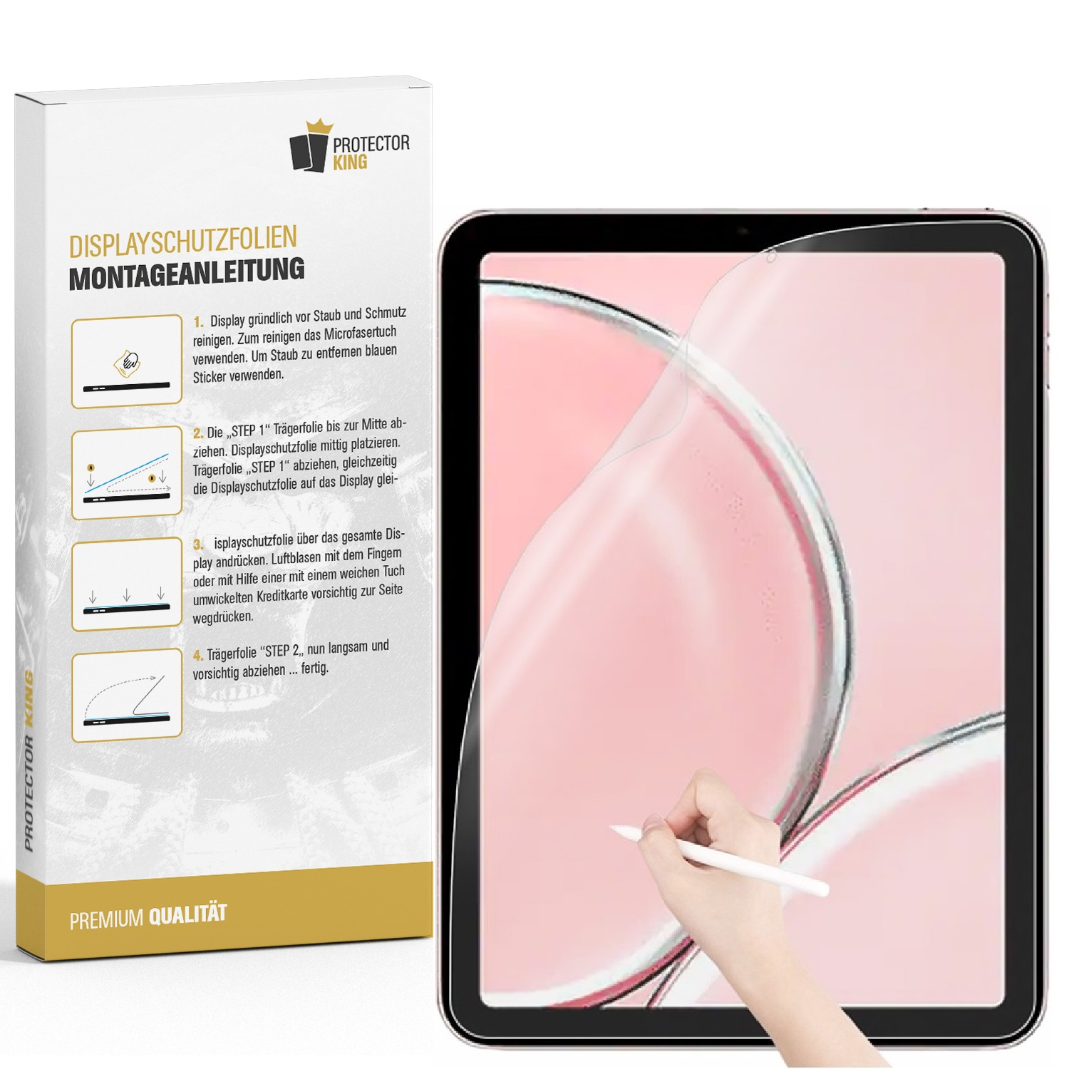 Tablet mit Anleitung zur Anbringung eines Displayschutzes, Schachtel und Tablet auf weißem Hintergrund.