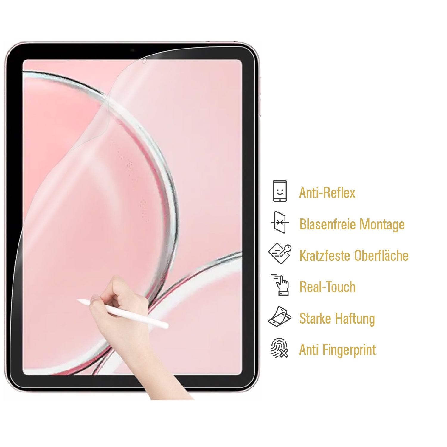 Tablet mit Displayschutzfolie und Hand mit Stift auf dem Bildschirm. Symbole rechts.