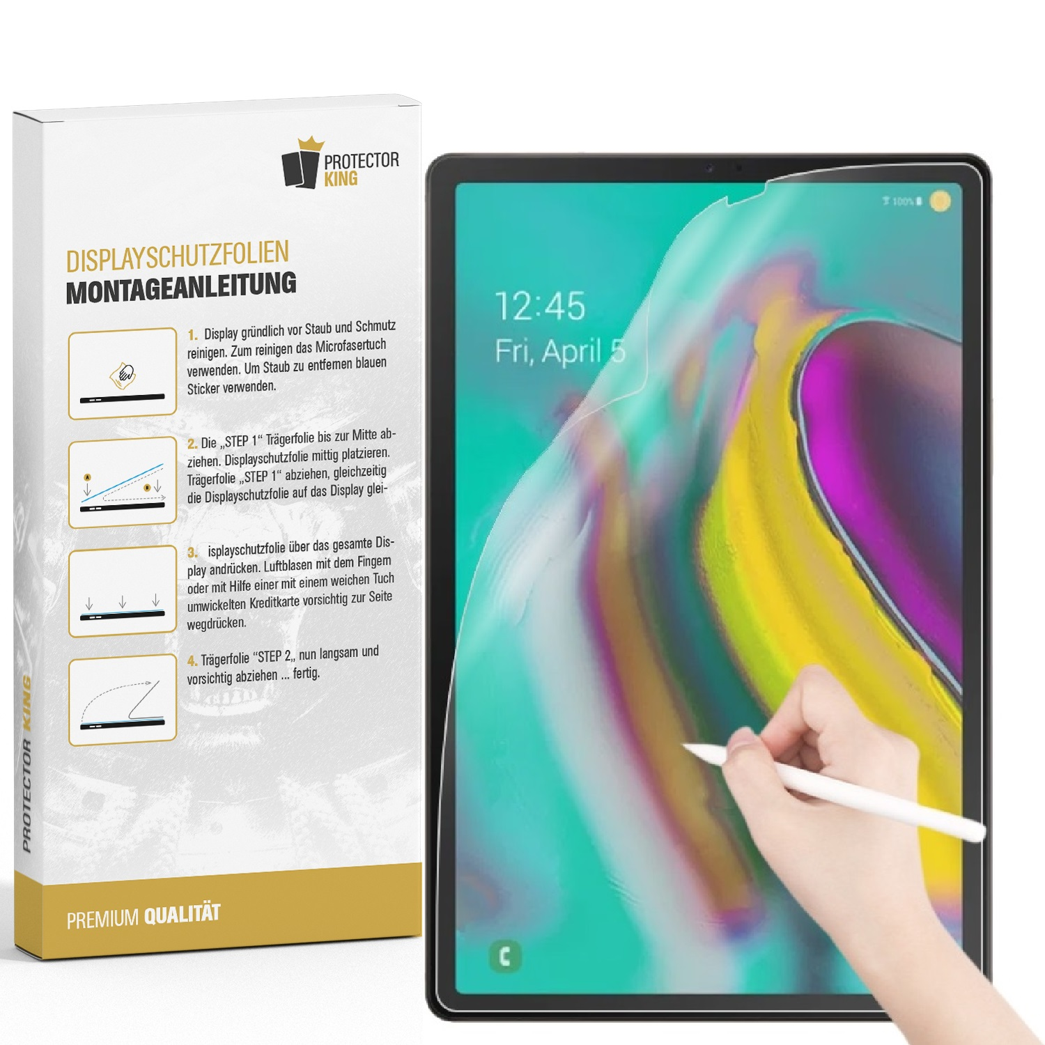 Ein Tablet-Bildschirm wird mit einem Displayschutz geschützt. Eine Box mit Anweisungen links.