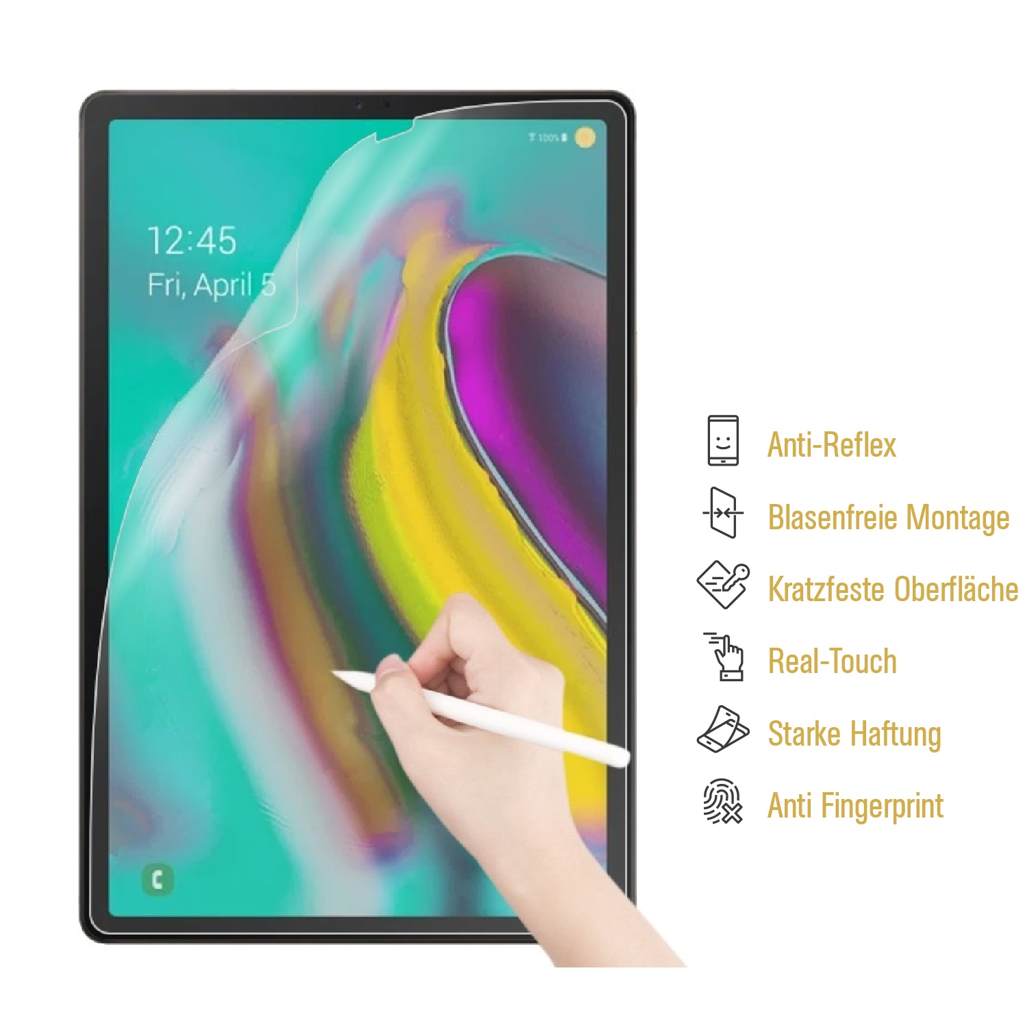 Tablet mit Displayschutz. Hand mit Stift. Merkmale: Anti-Reflex, Fingerabdrucksicher.