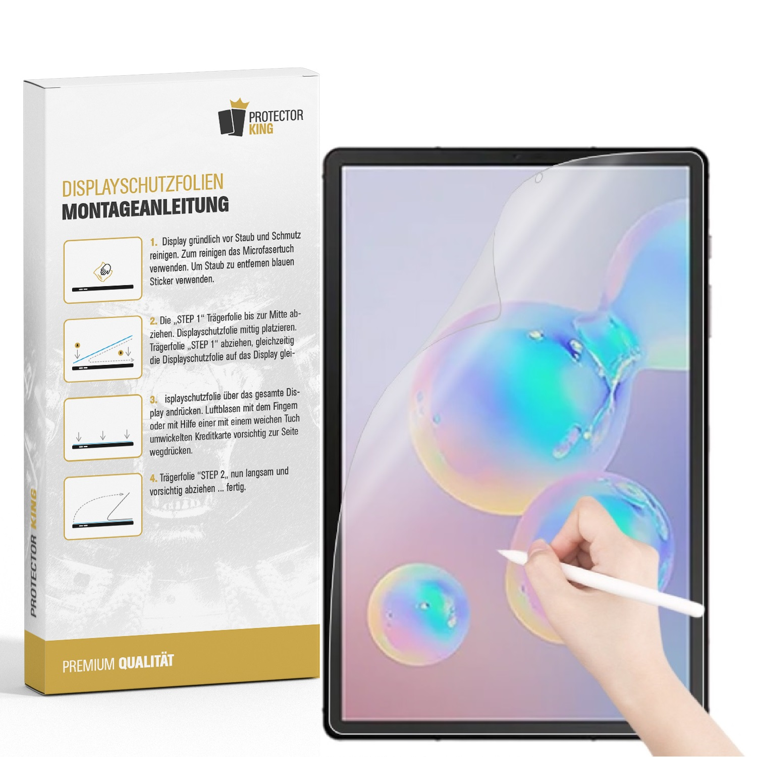Ein Tablet-Displayschutz mit einer weißen Box und Anweisungen zur Installation.