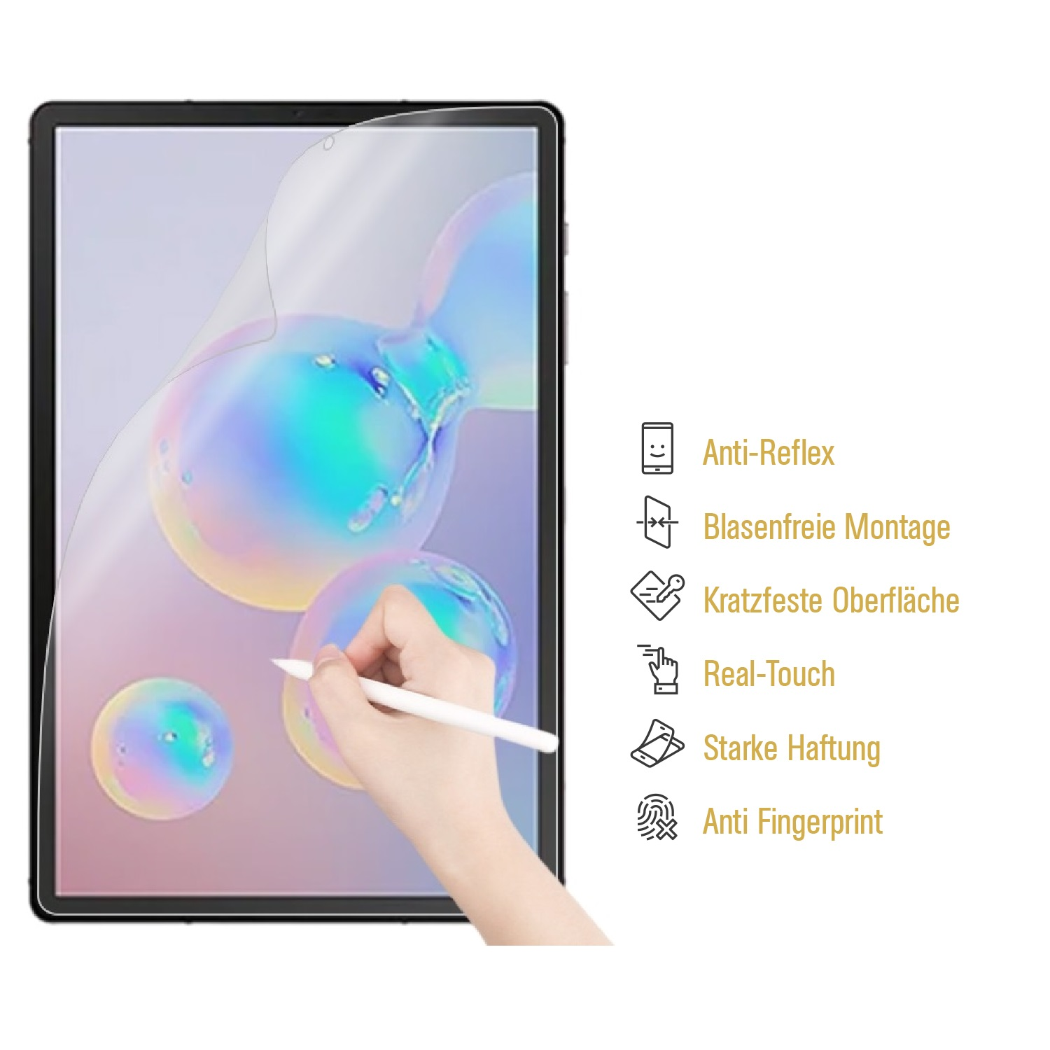 Eine Hand hält einen Stift in der Nähe eines Tablets mit Displayschutzfolie. Symbole und Text beschreiben die Eigenschaften.