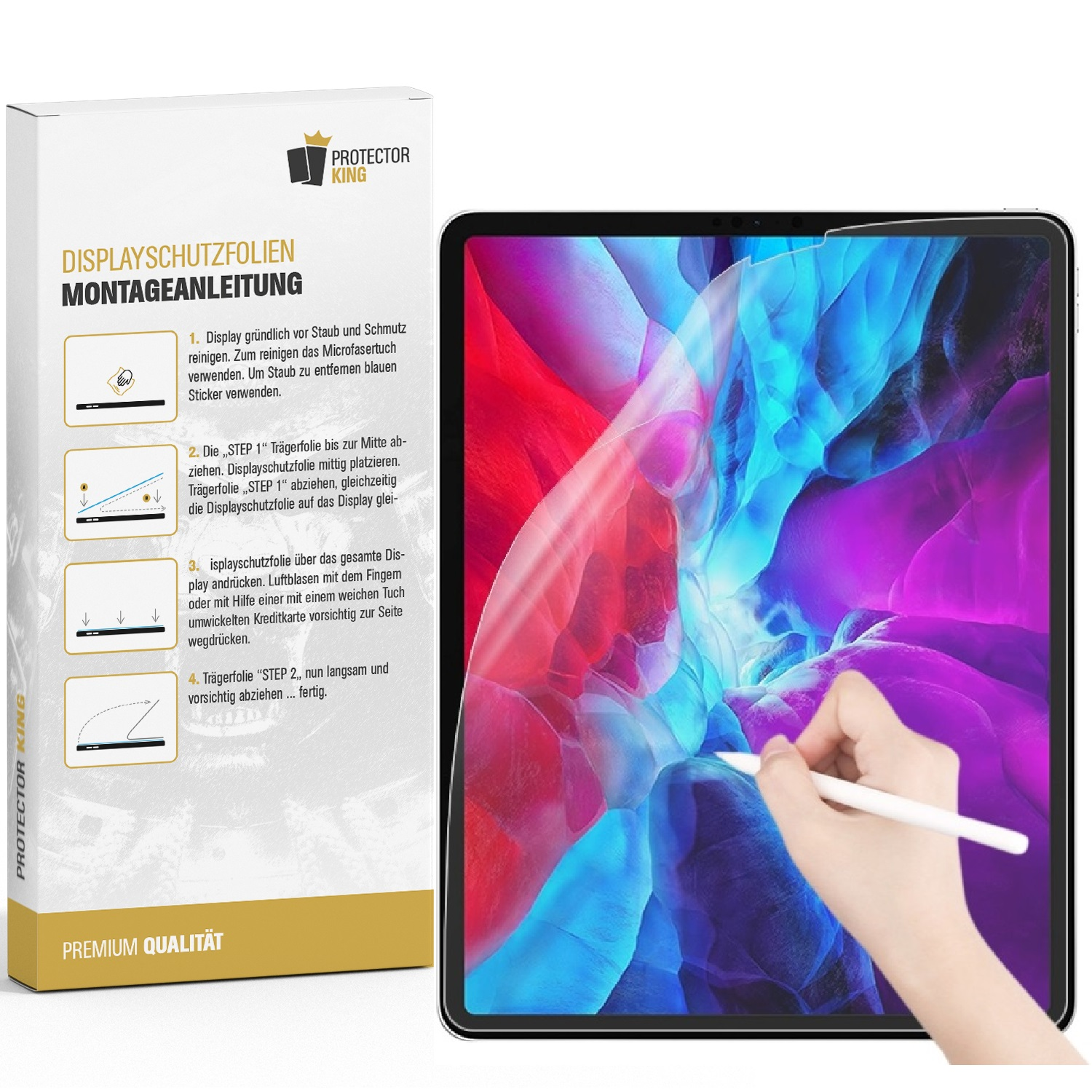 Tablet mit aufgebrachter Displayschutzfolie. Box mit Anweisungen. Weißer Hintergrund.