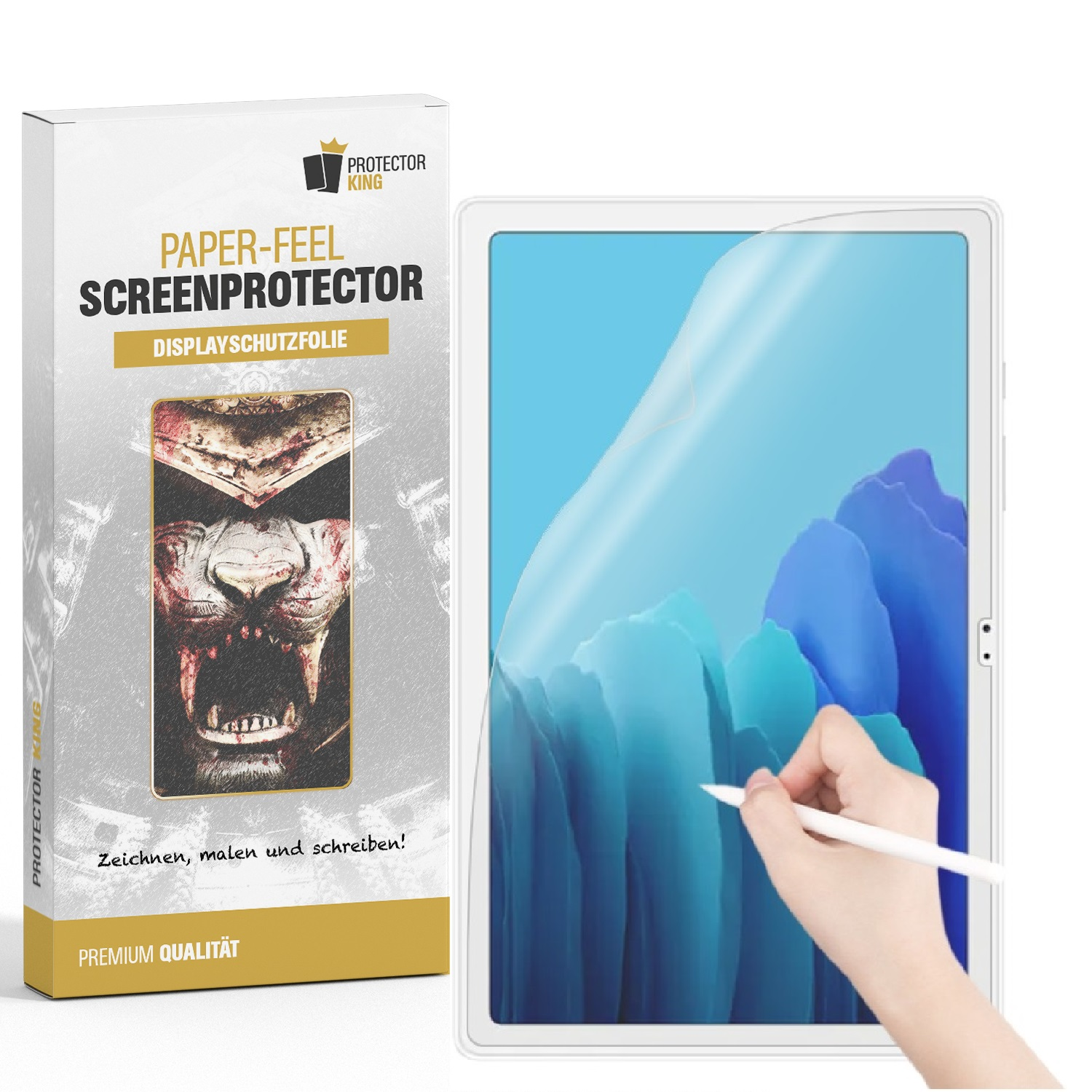 Tablet und Displayschutzbox. Hand mit Stift. Weißer Hintergrund.