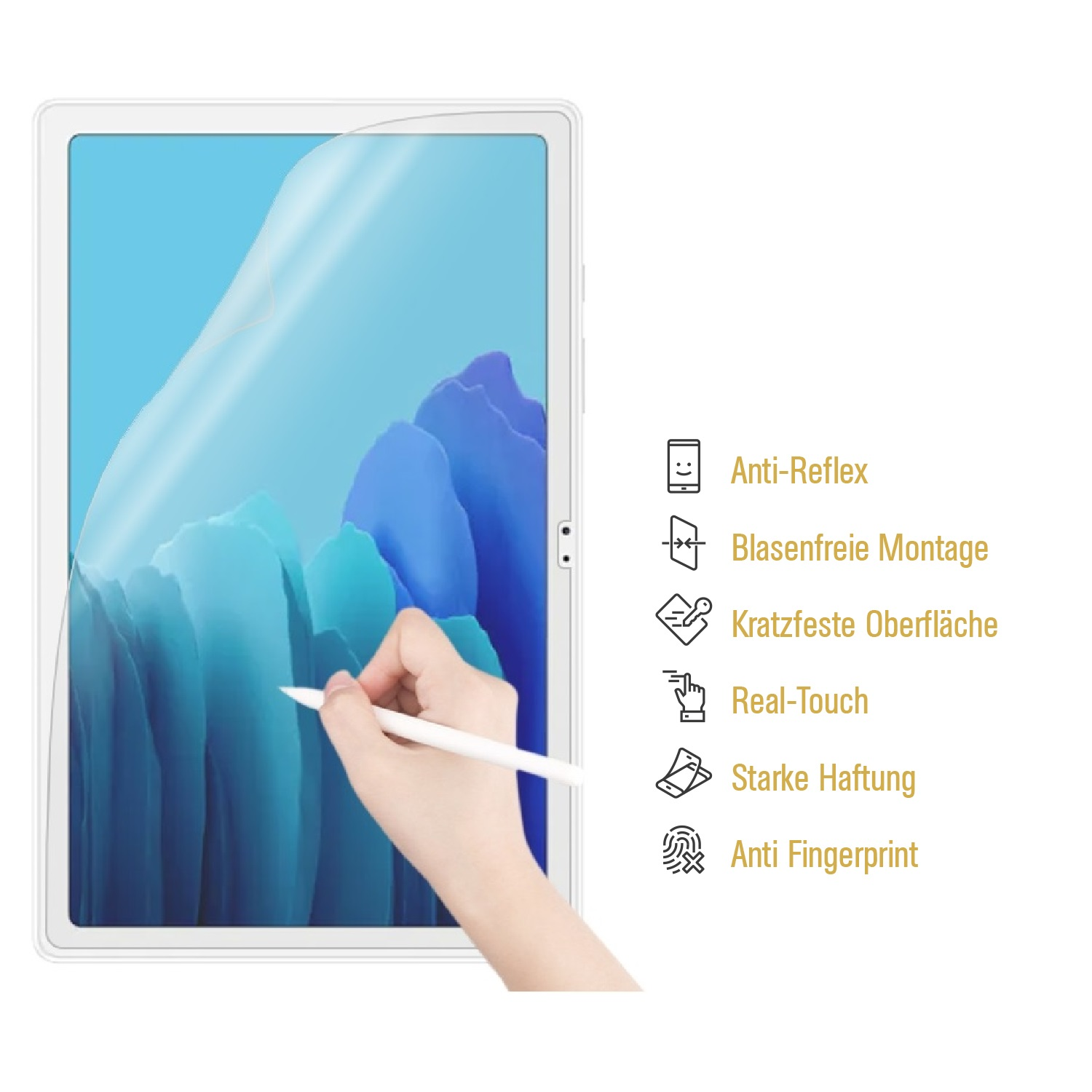 Eine Hand, die einen Stift auf einem Tablet mit Schutzfolie hält, mit Symbolen und Textbeschreibungen.