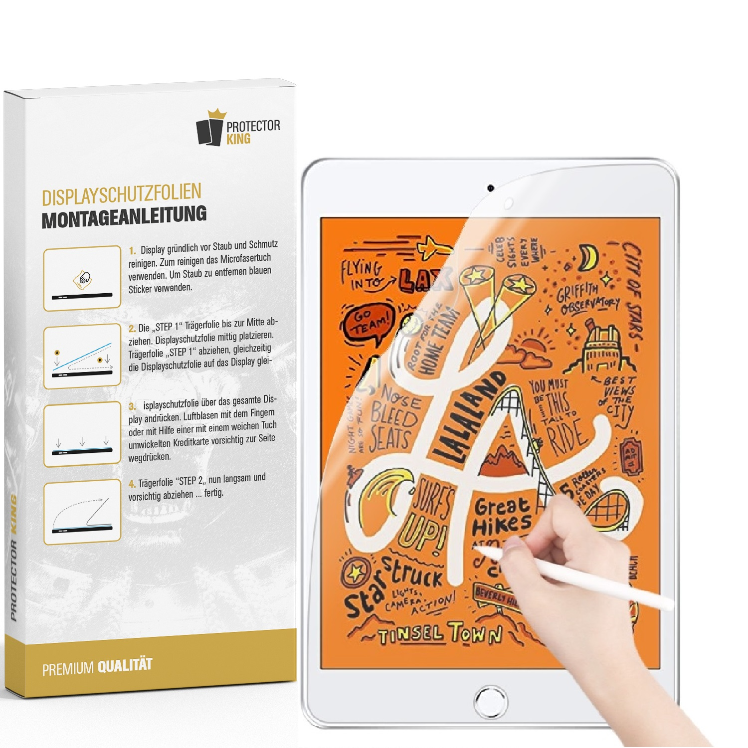 Ein Tablet-Displayschutz-Kit mit Anweisungen und einem Tablet.