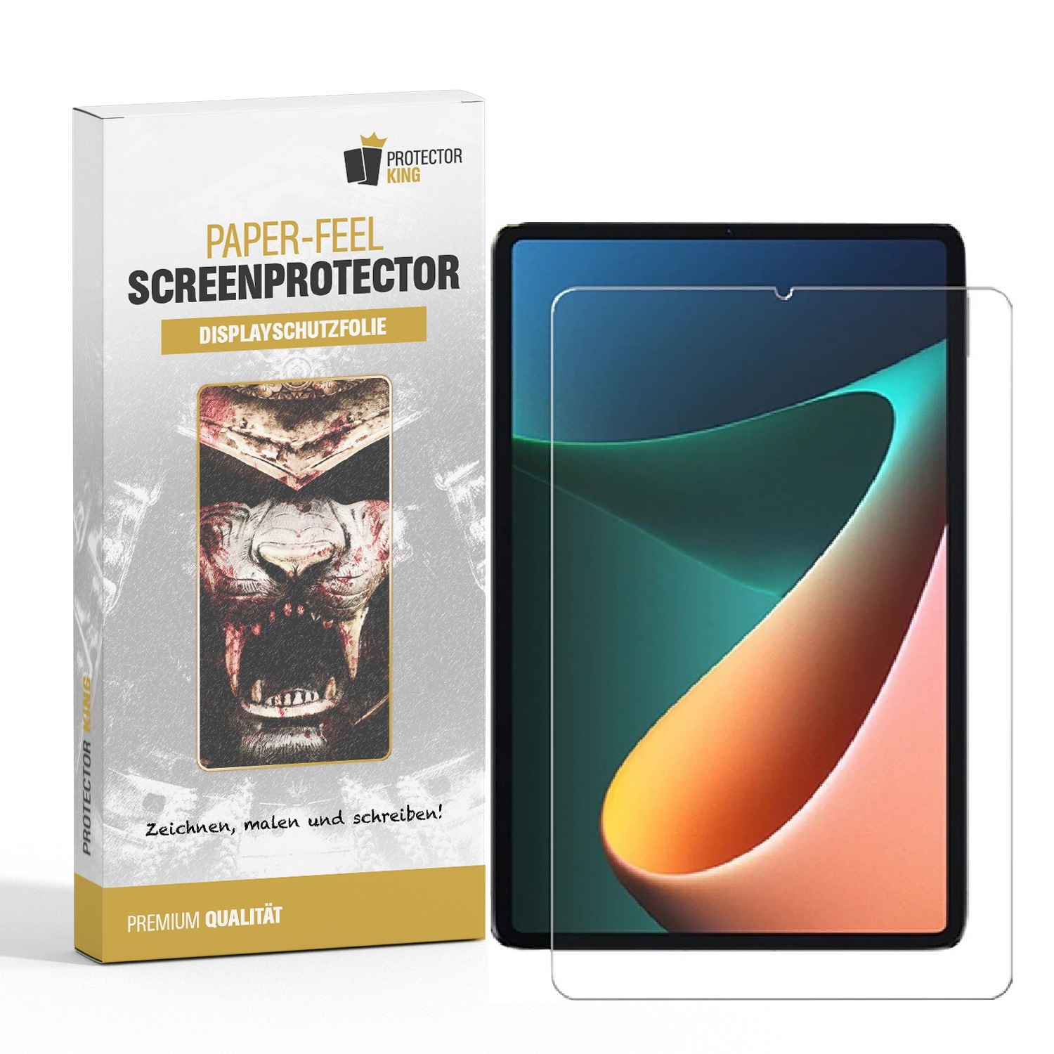 Tablet mit Displayschutz und Box. Box hat eine Löwenillustration. Tablet zeigt einen Bildschirm.