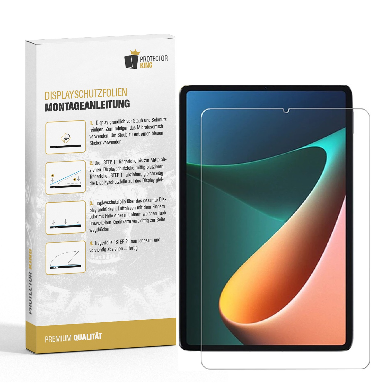 Tablett-Displayschutzfolie und Box mit Anweisungen. Weißer Hintergrund.
