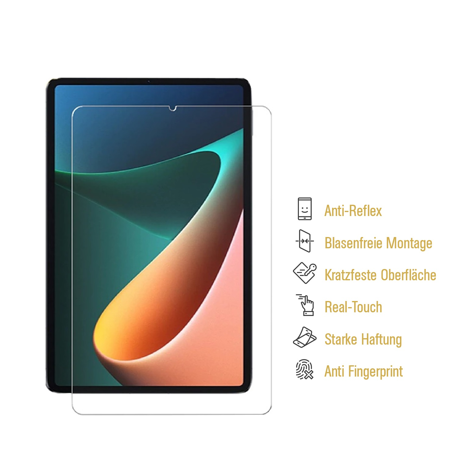 Tablet mit aufgebrachter Displayschutzfolie. Text erwähnt Anti-Fingerabdruck.