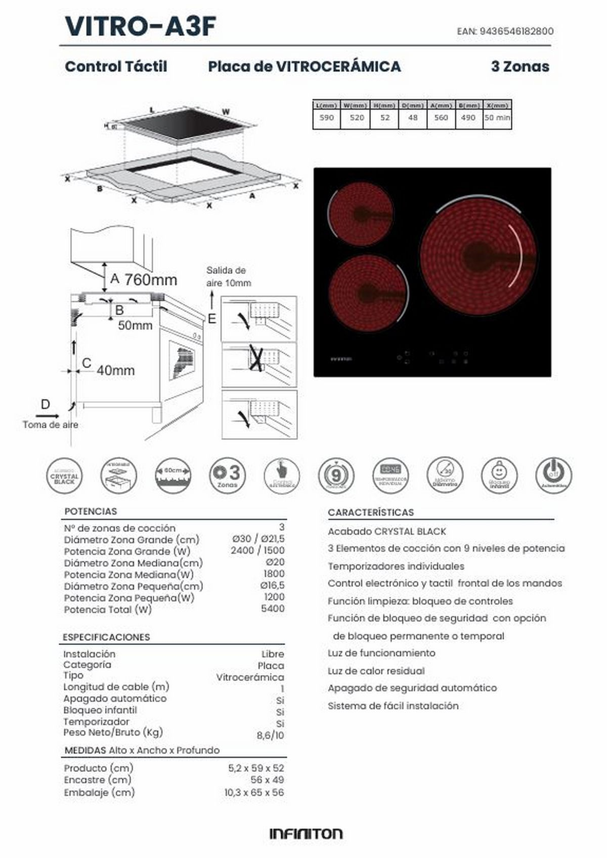 Una vitrocerámica negra con 3 zonas de cocción. Incluye diagramas y texto en español sobre características y especificaciones.