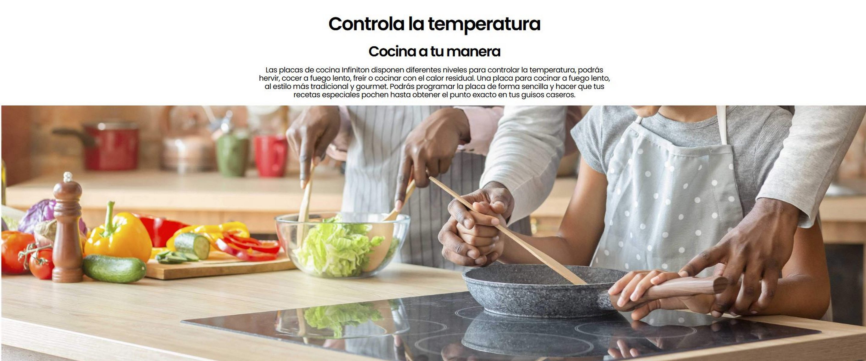 Gente cocinando en una cocina. Los ingredientes están en la encimera, con una olla en la estufa.