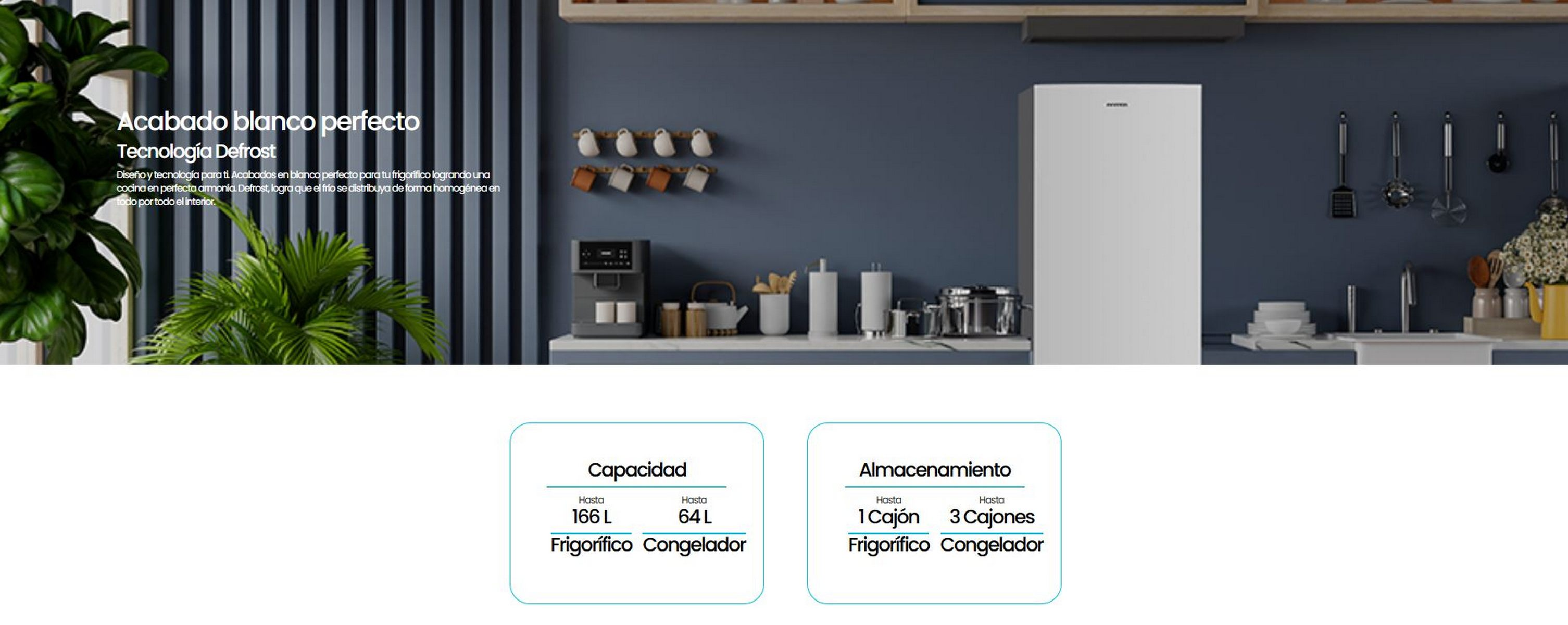 Un refrigerador blanco en una cocina con texto e información de capacidad.