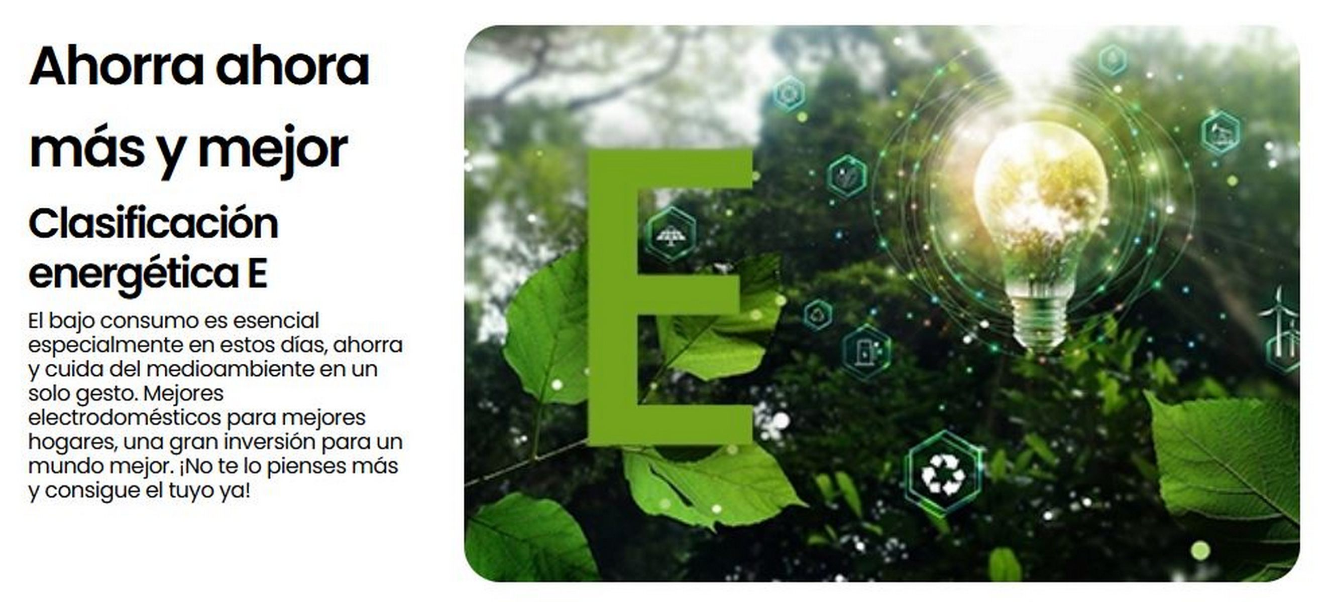 Anuncio con texto sobre eficiencia energética y fondo de bosque.