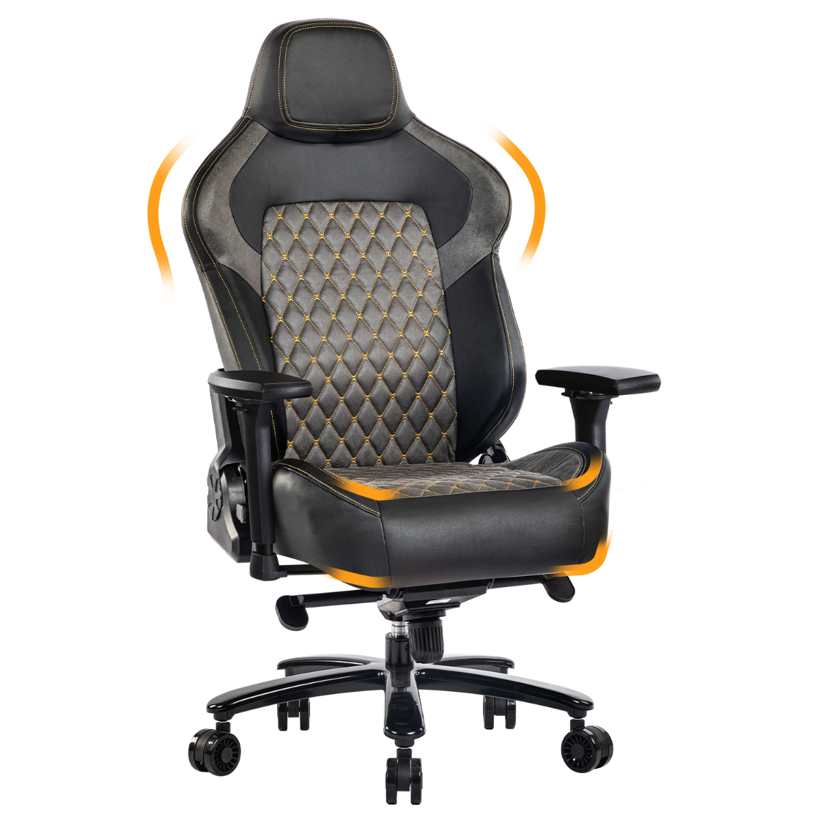 Schwarzer und grauer Gaming-Stuhl. Orangefarbene Linien zeigen verstellbare Funktionen, weißer Hintergrund.