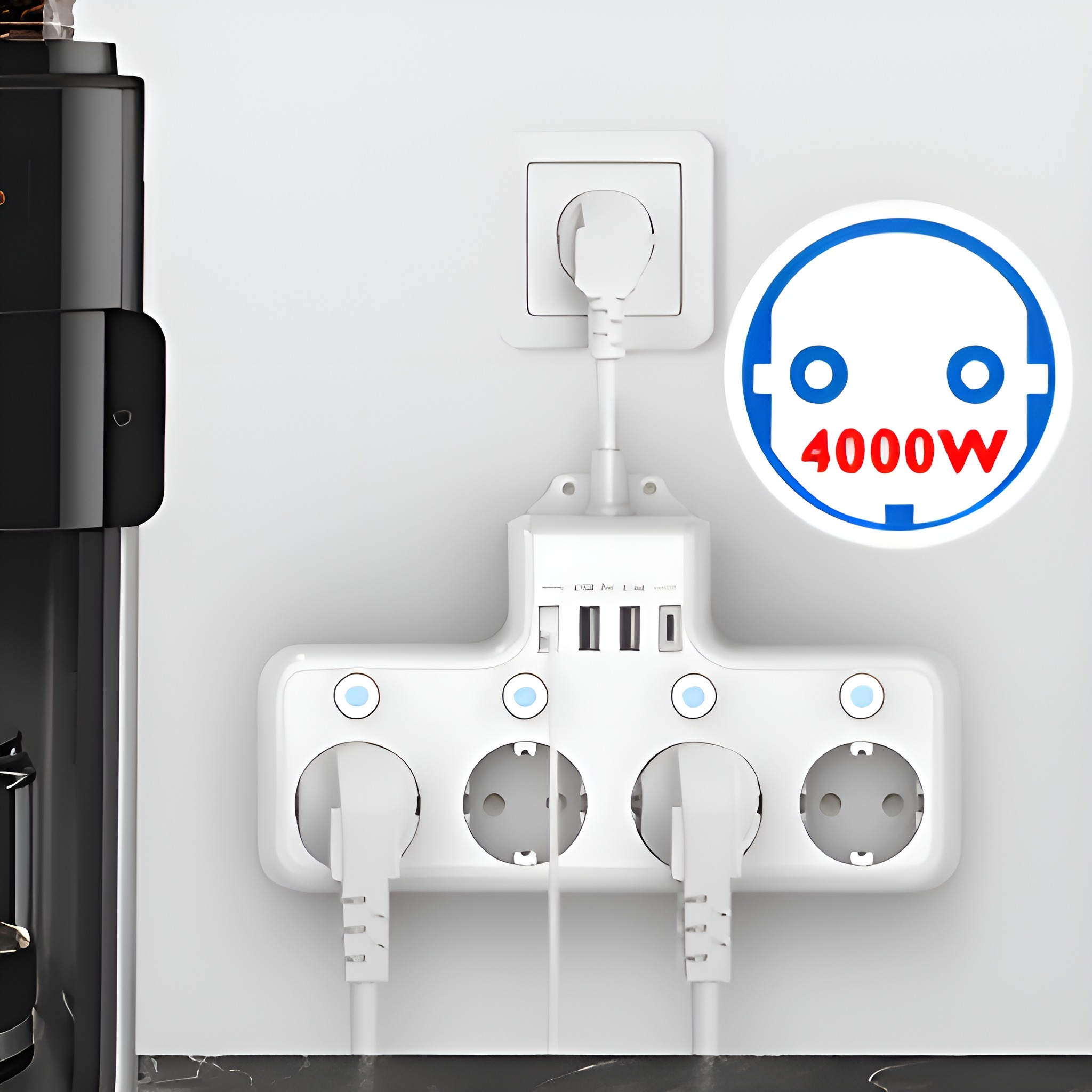 Weißer Mehrfachstecker mit drei Steckdosen, USB-Anschlüssen und einem Stecker. Ein Aufkleber zeigt 4000W an.