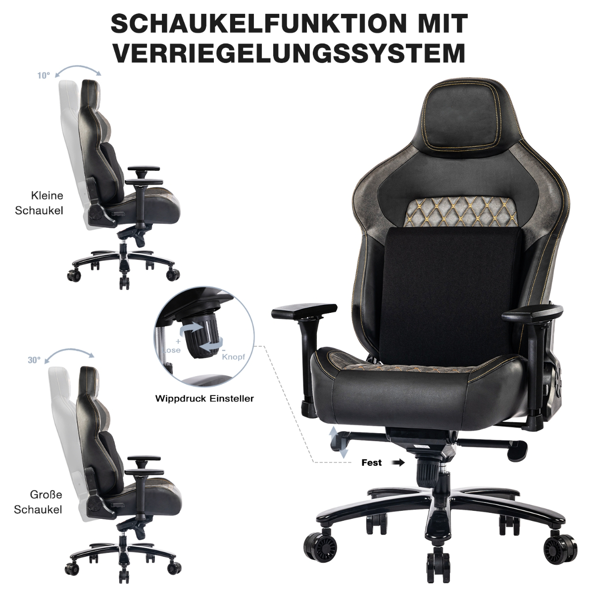 Diagramm eines schwarz-grauen Gaming-Stuhls mit Beschriftungen, das Funktionen und Einstellungen veranschaulicht.
