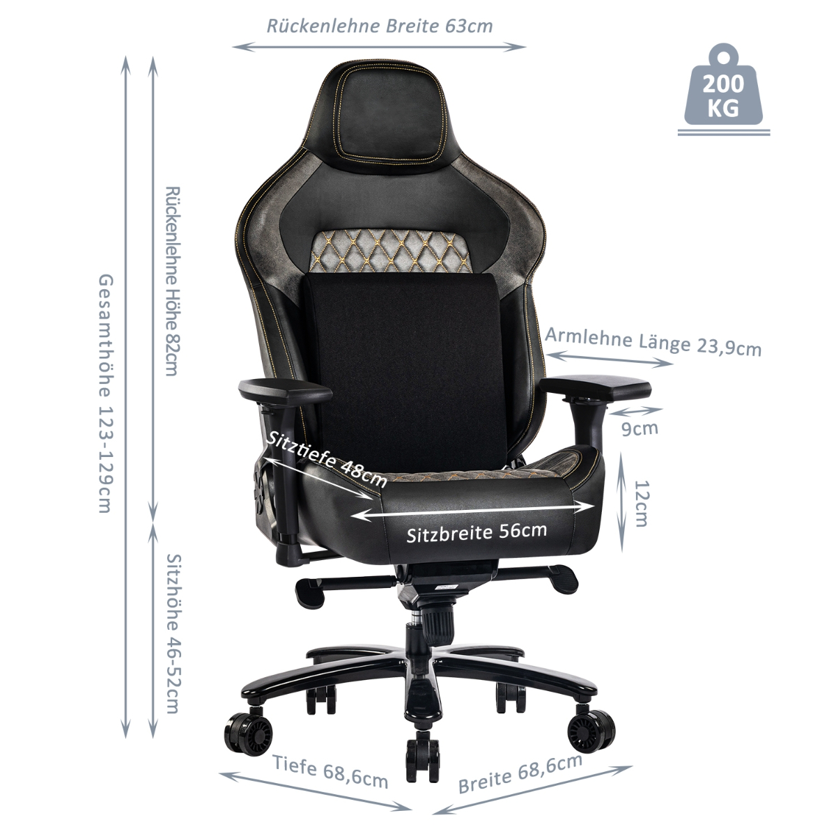 Schwarzer und grauer Gaming-Stuhl. Schwarze Kopfstütze, schwarzes Kissen und Räder. Maße gezeigt.