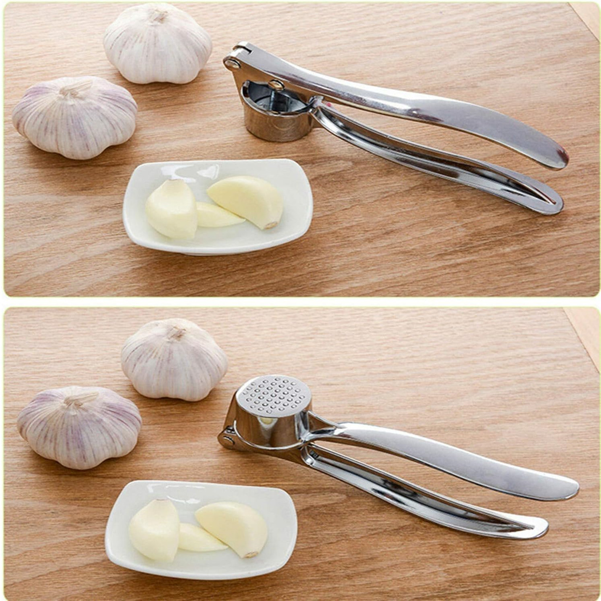 Zwei Bilder einer Knoblauchpresse mit Knoblauchzehen. Holzuntergrund.