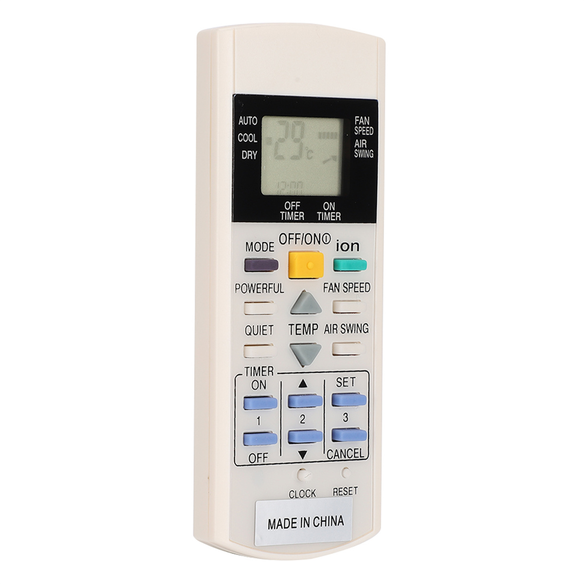 Eine beige Fernbedienung mit Knöpfen und einem Bildschirm, der Zeit und Temperatur anzeigt.