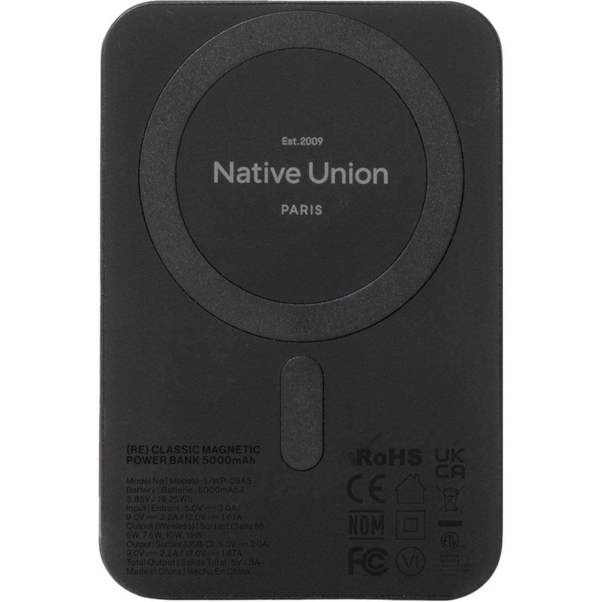 Chargeur sans fil noir avec le nom de la marque.