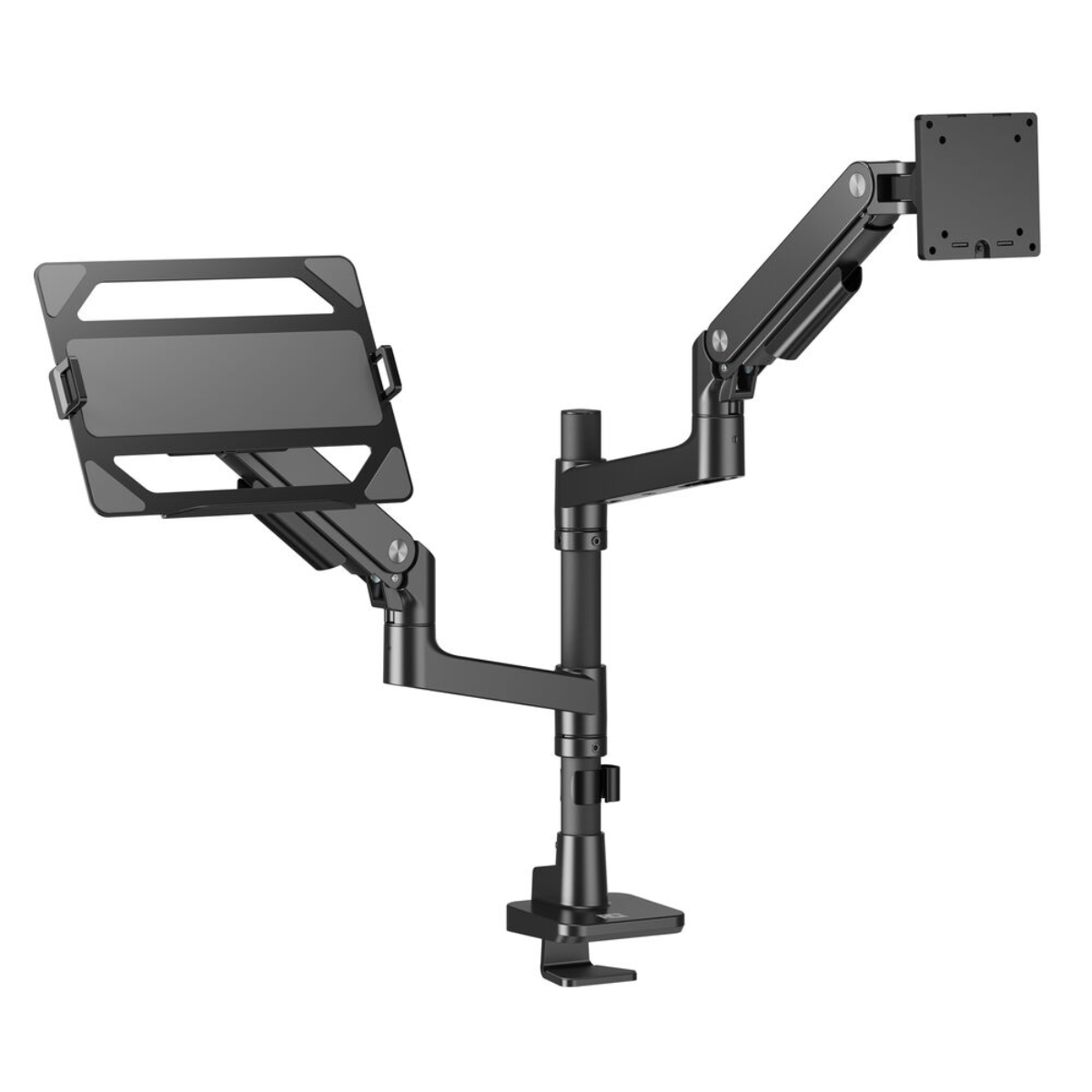 Ein schwarzer, verstellbarer Arm, der ein Tablet und einen Monitor hält, verbunden mit einer Klemme.