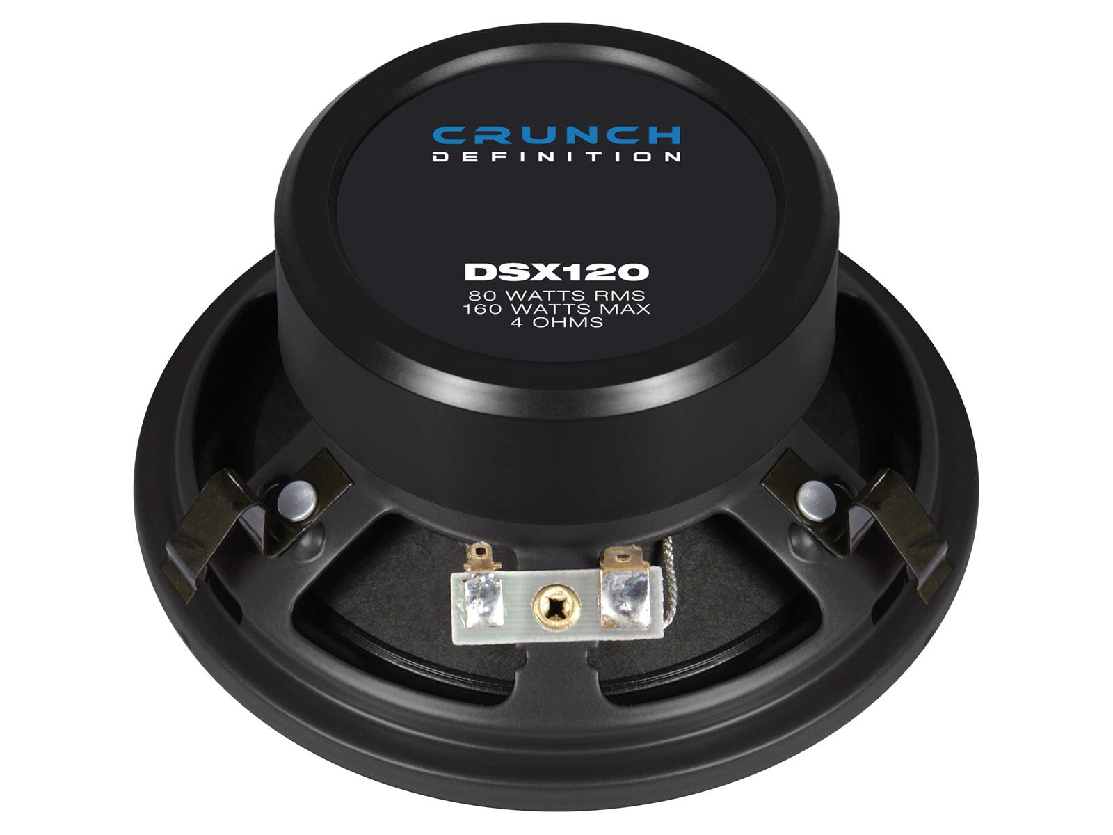 Schwarzer Lautsprecher, Draufsicht. Text: CRUNCH DEFINITION. DSX120, 80W RMS, 160W MAX, 4 OHMS.