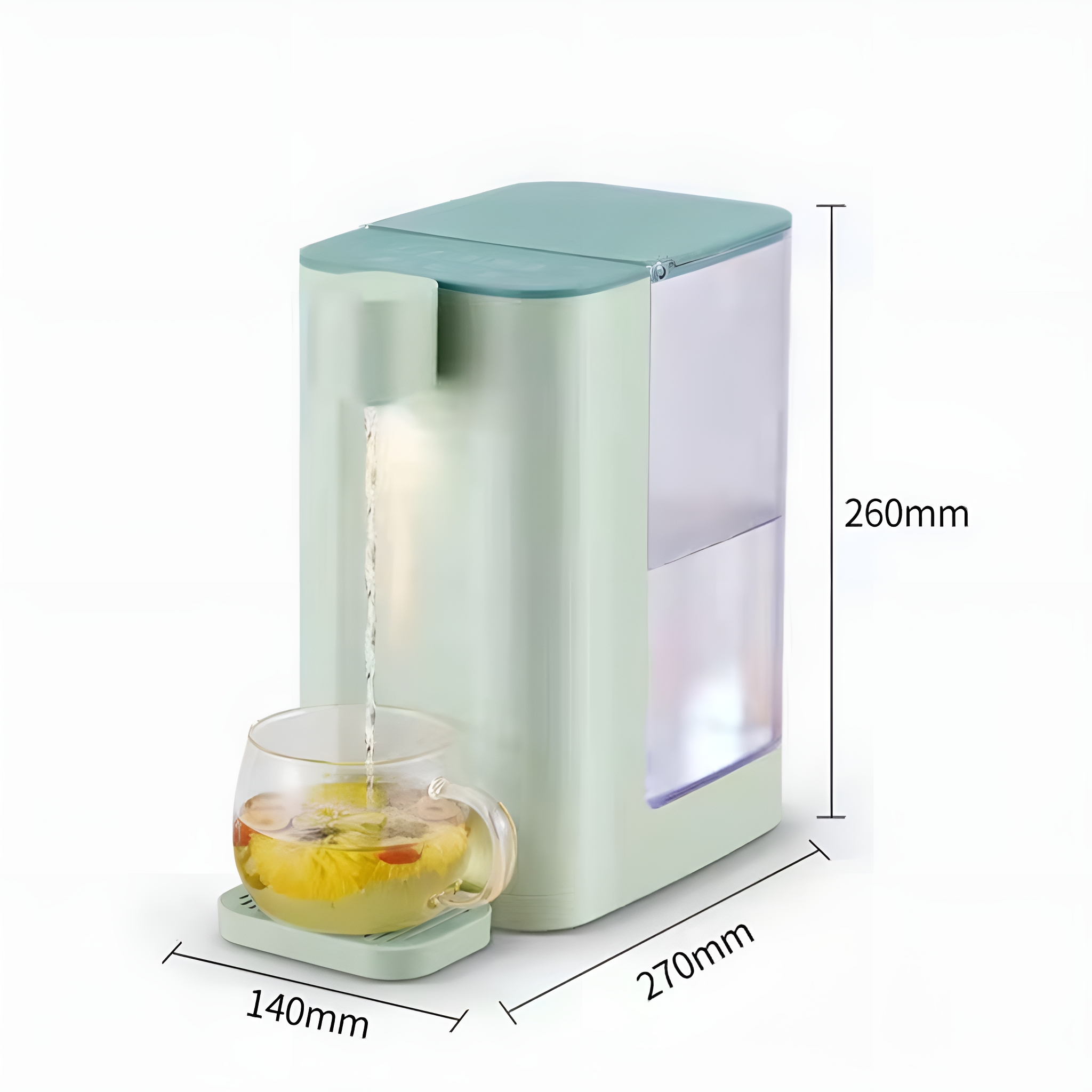 Grüner und weißer Wasserspender mit einem Glas. Abmessungen werden angezeigt.