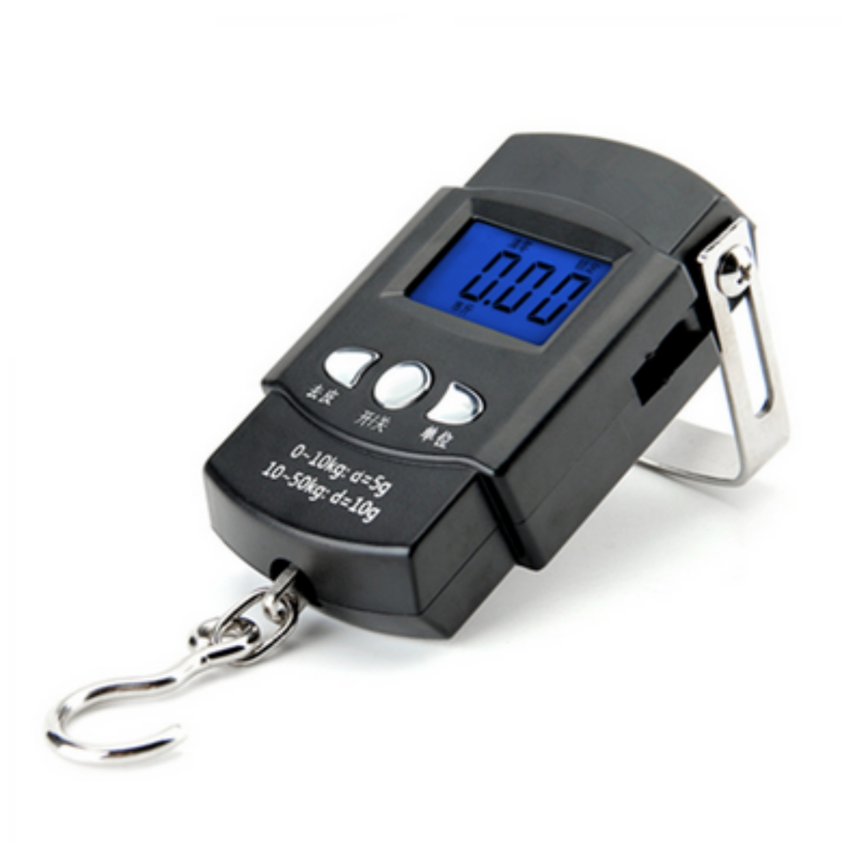 Eine schwarze digitale Hängewaage mit Haken unten und Anzeige '0.00'.