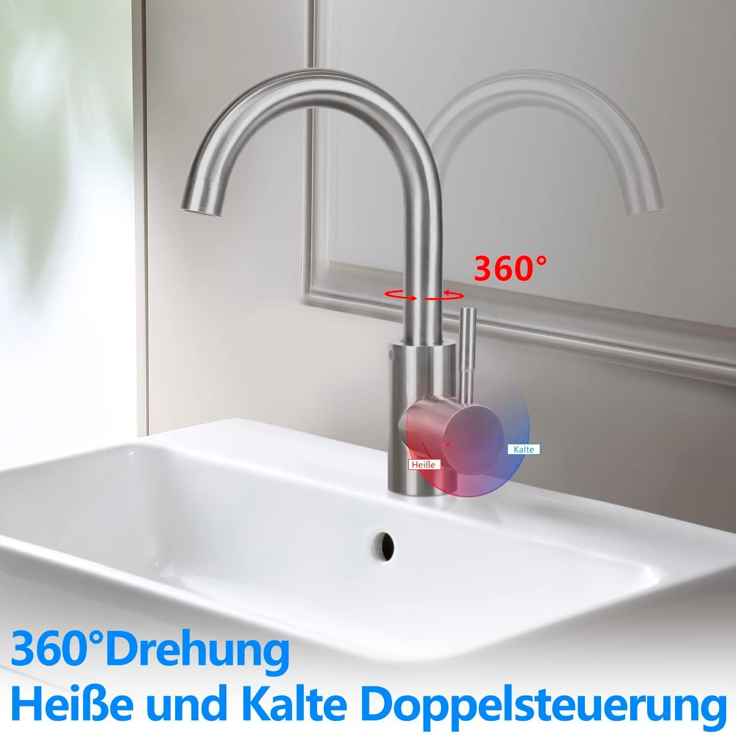 Edelstahl-Wasserhahn über weißem Waschbecken mit rot/blauen Temperaturanzeigen.