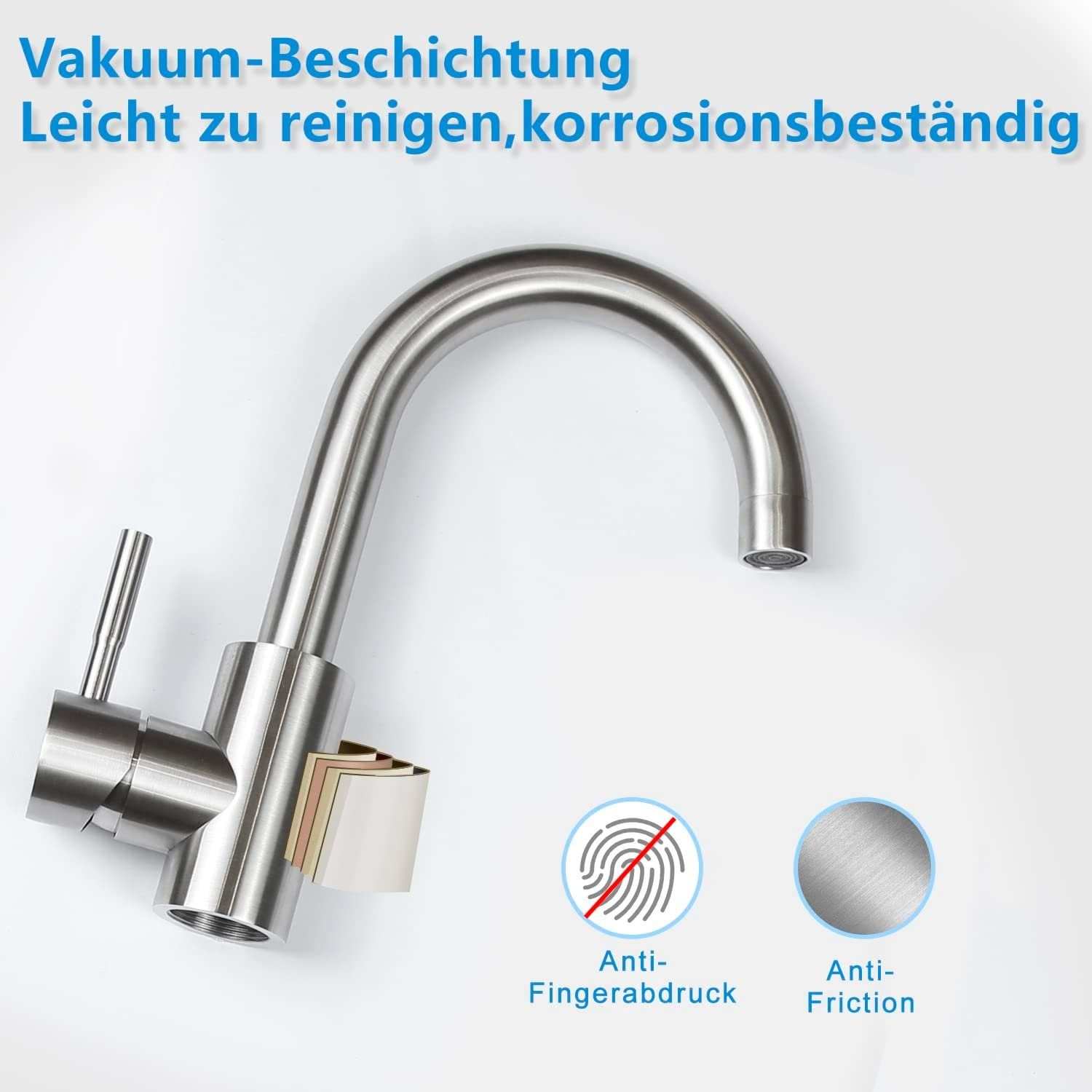 Ein Wasserhahn aus Edelstahl mit Anti-Fingerabdruck- und Anti-Reibungs-Symbolen.