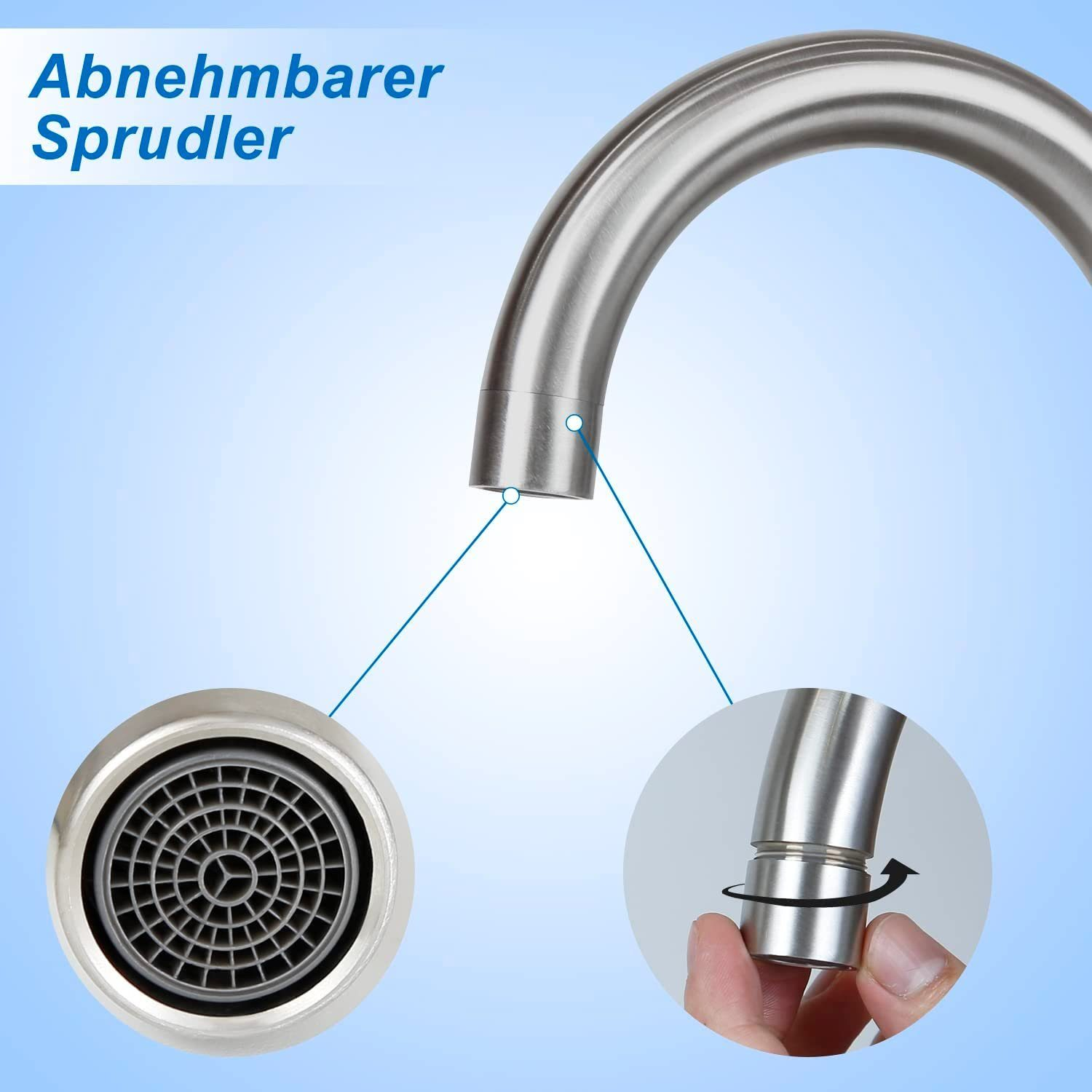 Nahaufnahme der Wasserhahndüse und des Gewindes. Teile des Wasserhahns sind mit blauen Linien dargestellt.