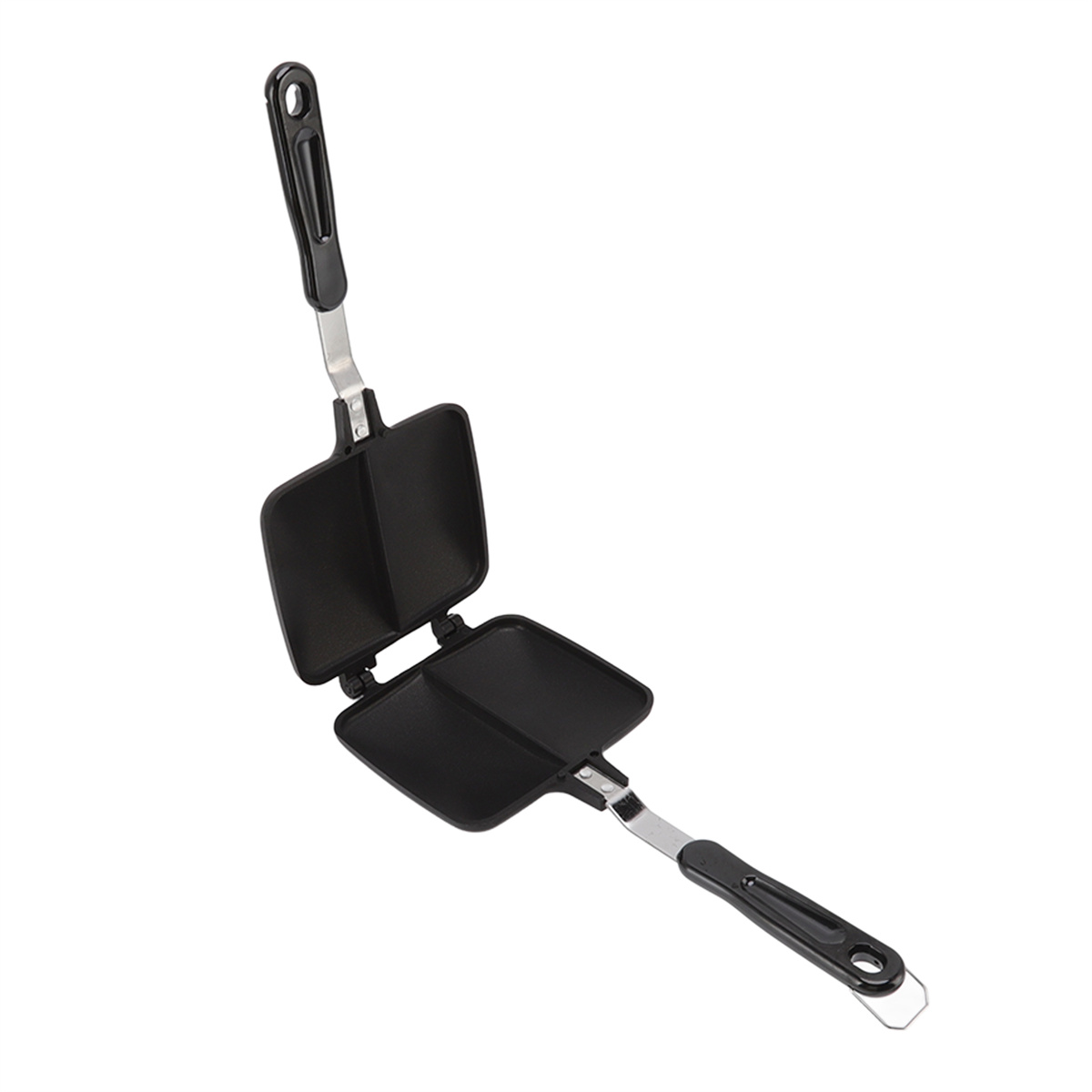 Sandwichmaker, schwarz mit silbernen Griffen. Der Sandwichmaker ist geöffnet.